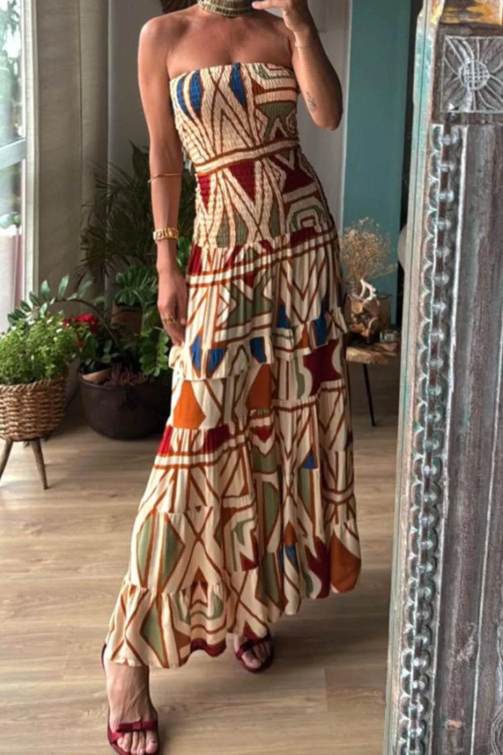 Smocked Printed Tube Dress - ELY VESSA LLC