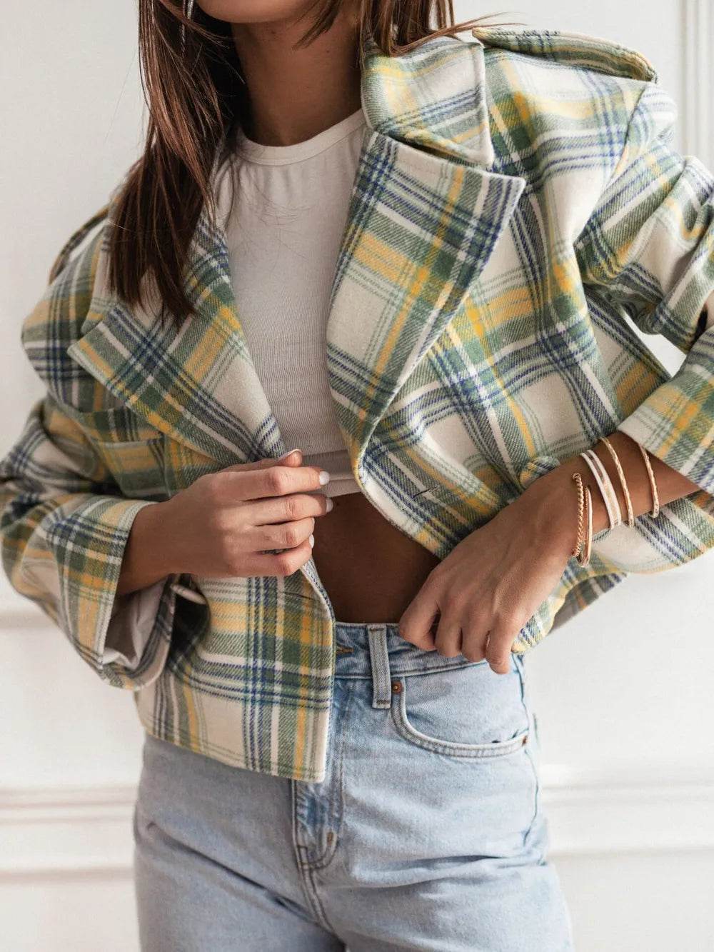 Lapel Collar Plaid Cropped Jacket - ELY VESSA LLC