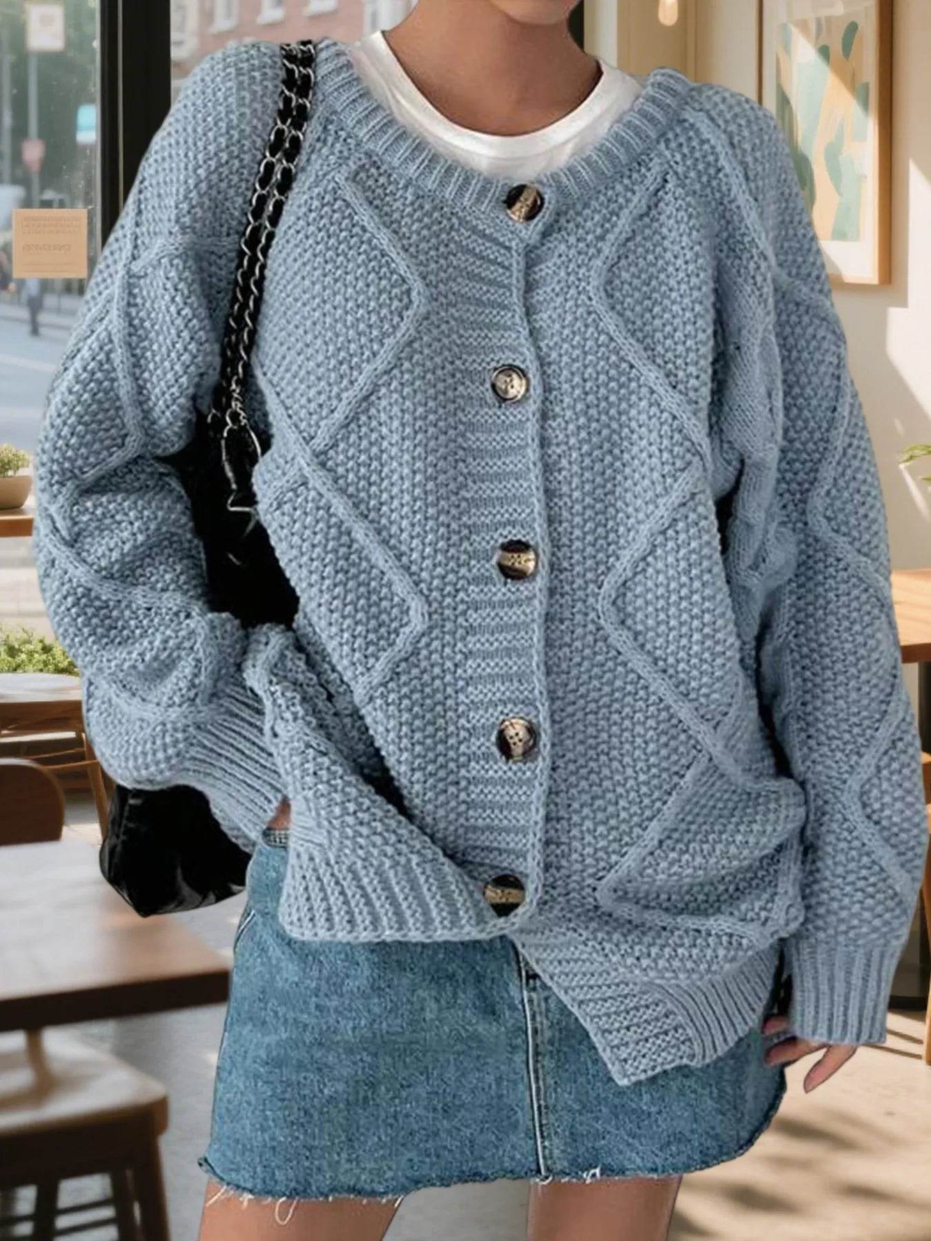 Button-Front Long Sleeve Cardigan - ELY VESSA LLC