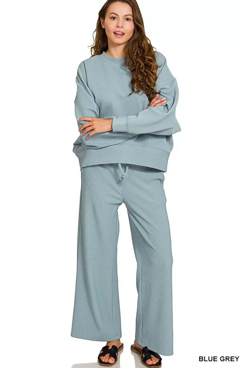 Zenana Ribbed Round Neck Pullover and Drawstring Pants Set - ELY VESSA LLC