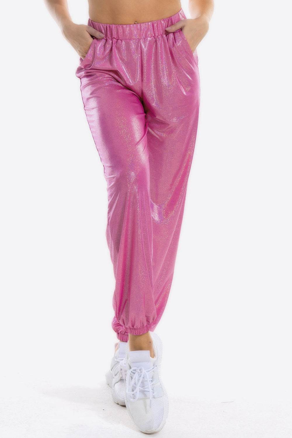 Glitter Elastic Waist Pants with Pockets - ELY VESSA LLC