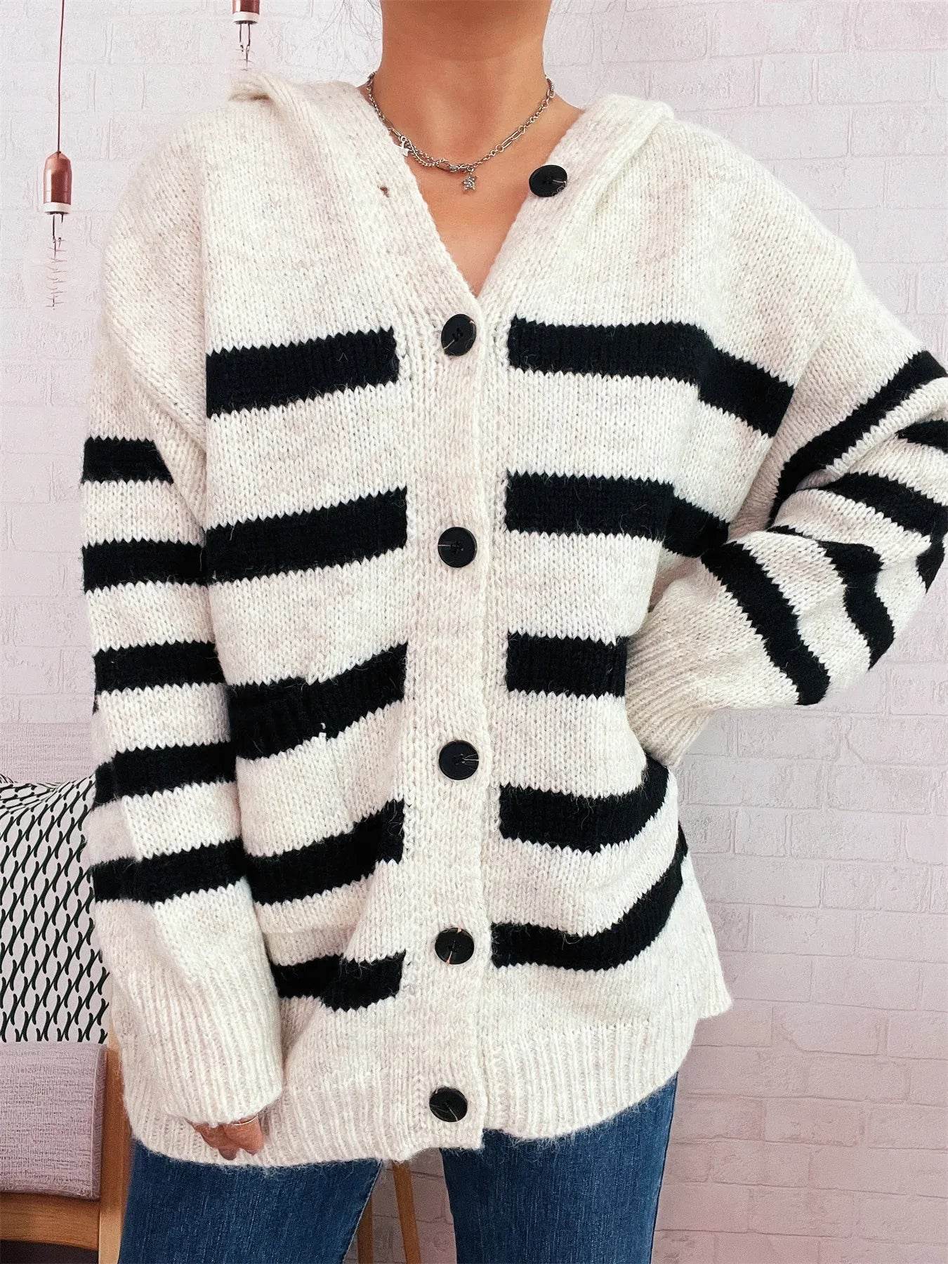 Striped Button-Up Hooded Cardigan - ELY VESSA LLC