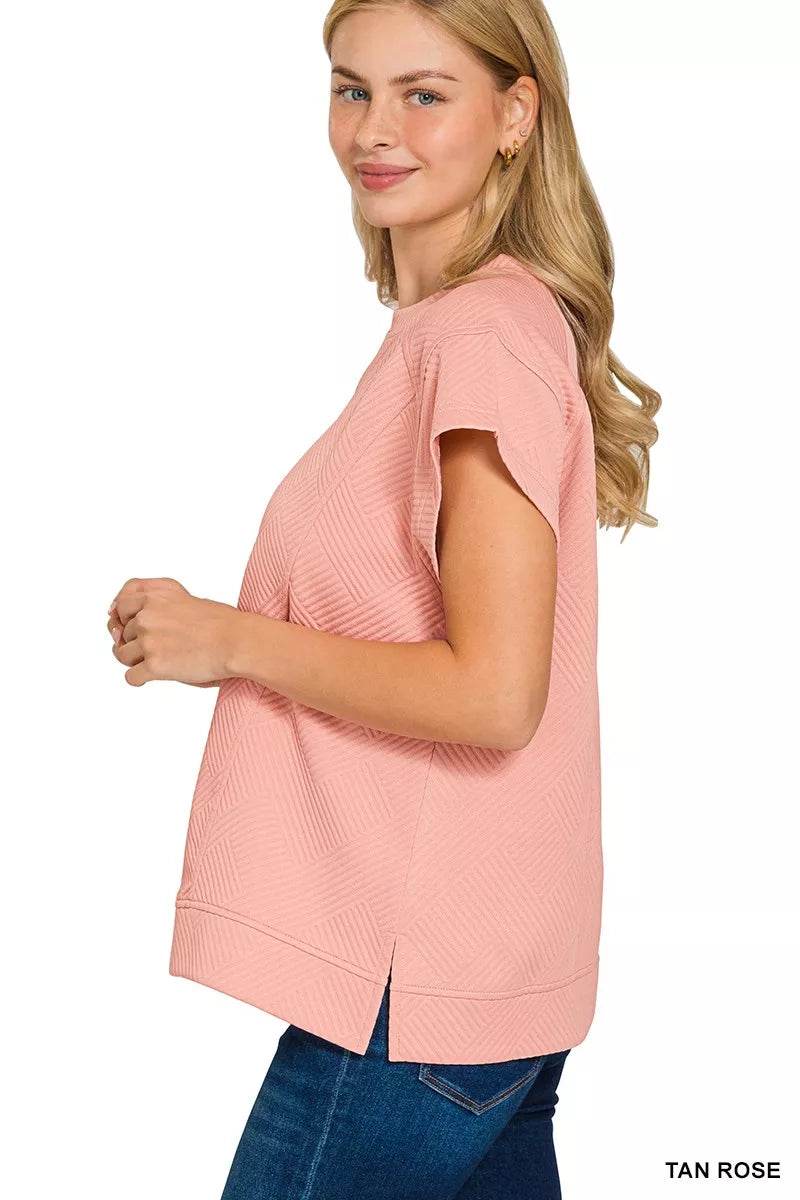 Zenana Textured Knit Jacquard Short Sleeve Top - ELY VESSA LLC