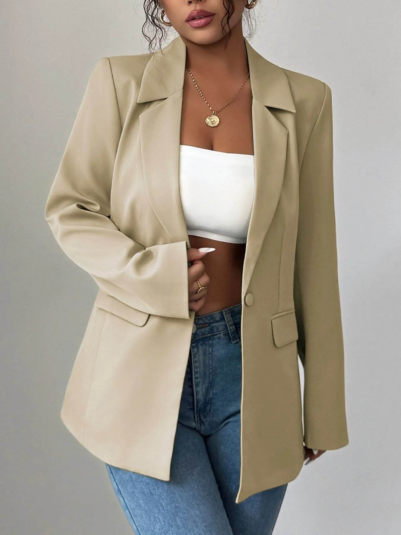 One Button Lapel Collar Blazer - ELY VESSA LLC