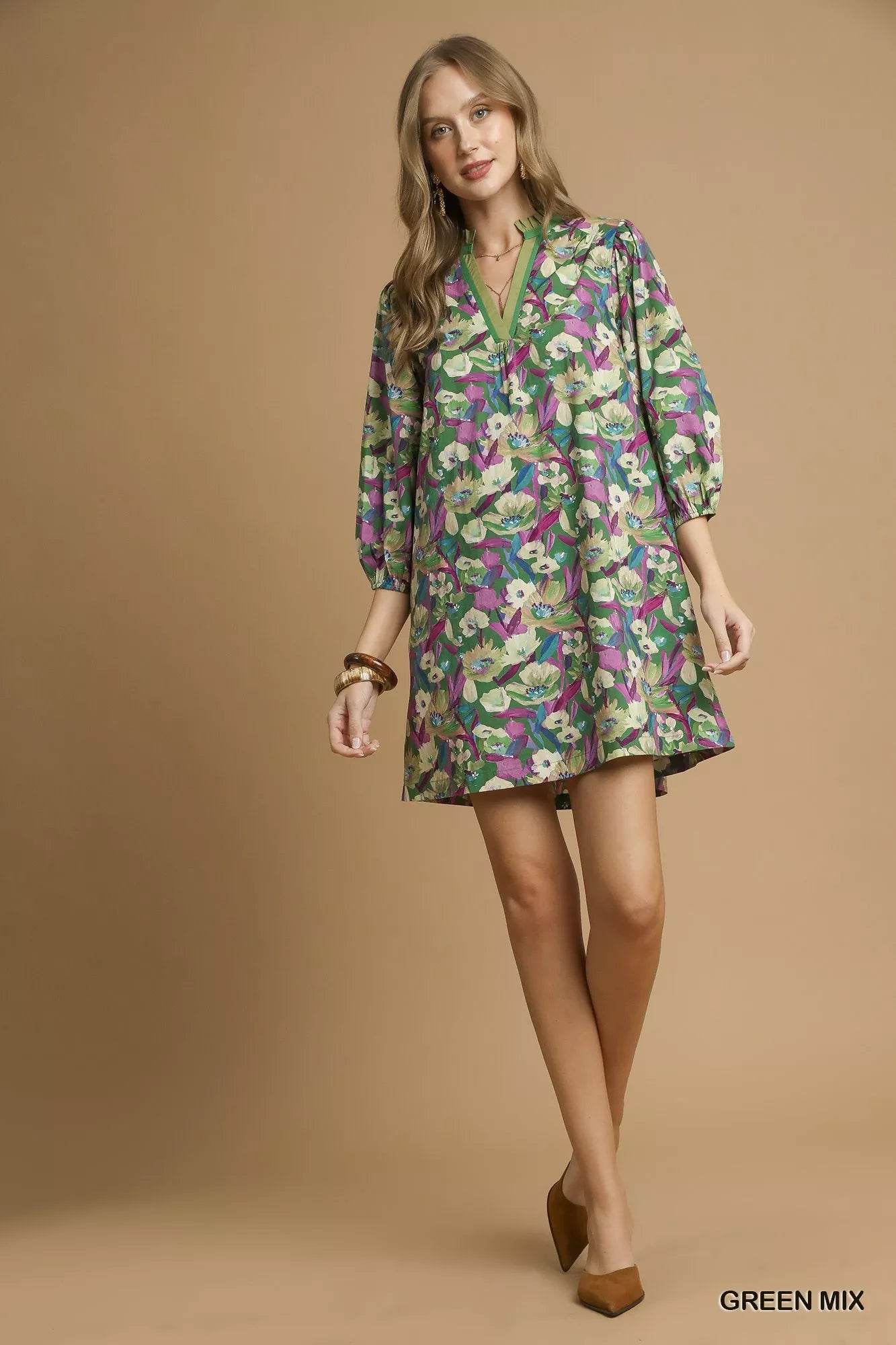 Umgee Boho Floral Balloon Sleeve Mini Dress - ELY VESSA LLC