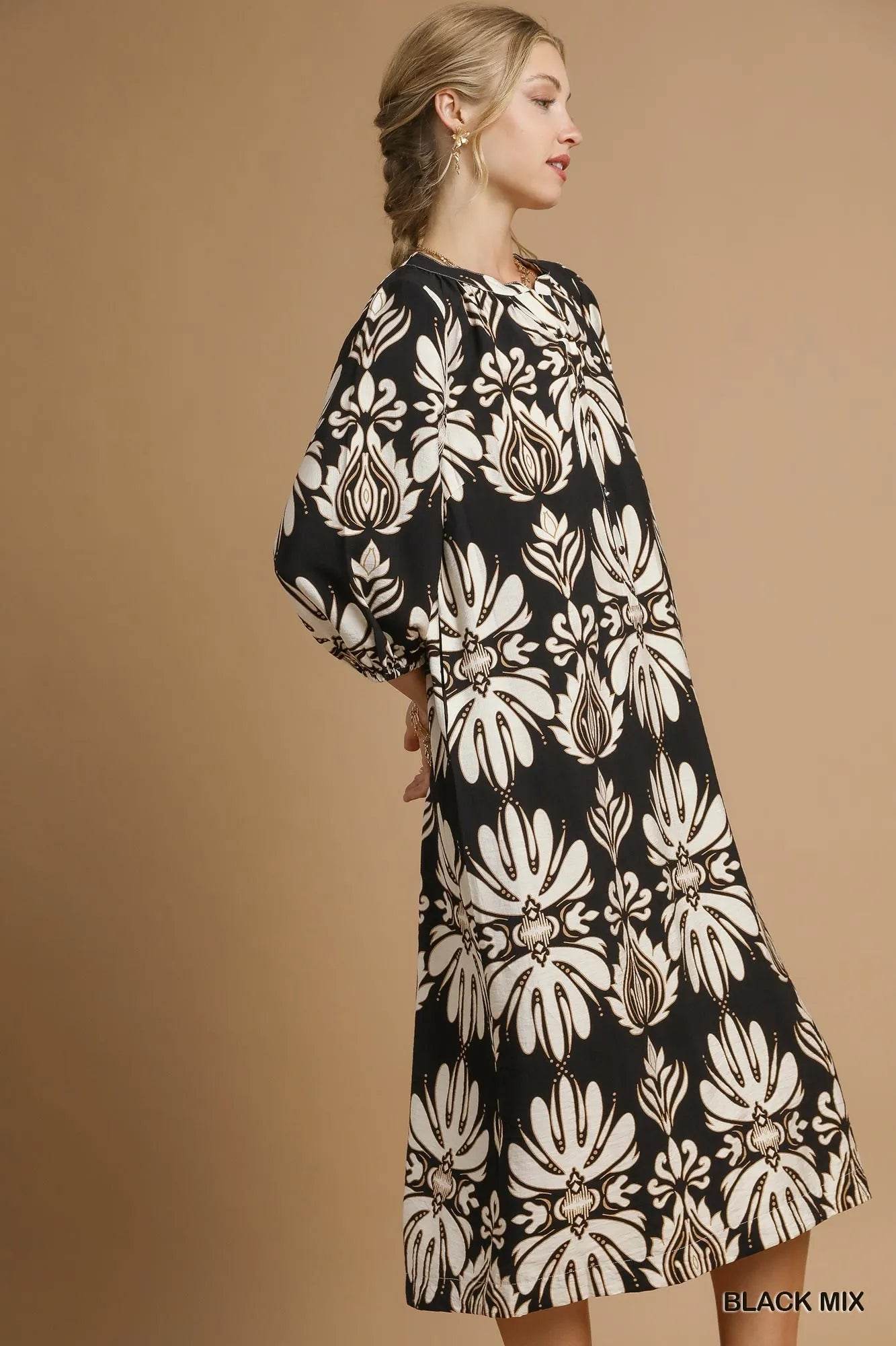 Umgee Mix Abstract Floral Print Midi Dress - ELY VESSA LLC
