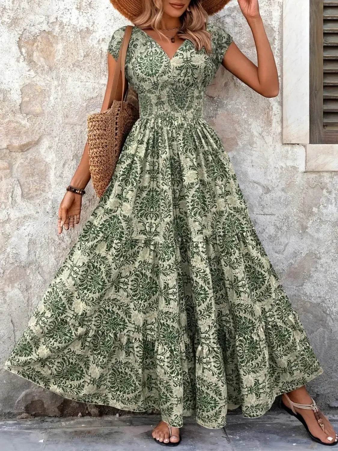 Vintage Floral Cap Sleeve Maxi Dress - ELY VESSA LLC
