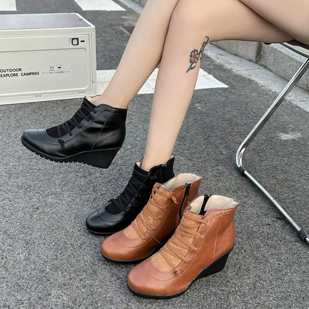 Lace Up Wedge Boots - ELY VESSA LLC
