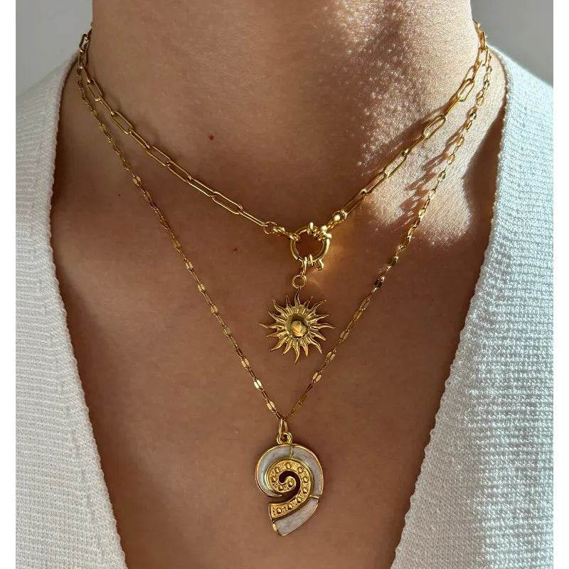2-Piece 18K Gold-Plated Sun & Wave Pendant Necklace - ELY VESSA LLC