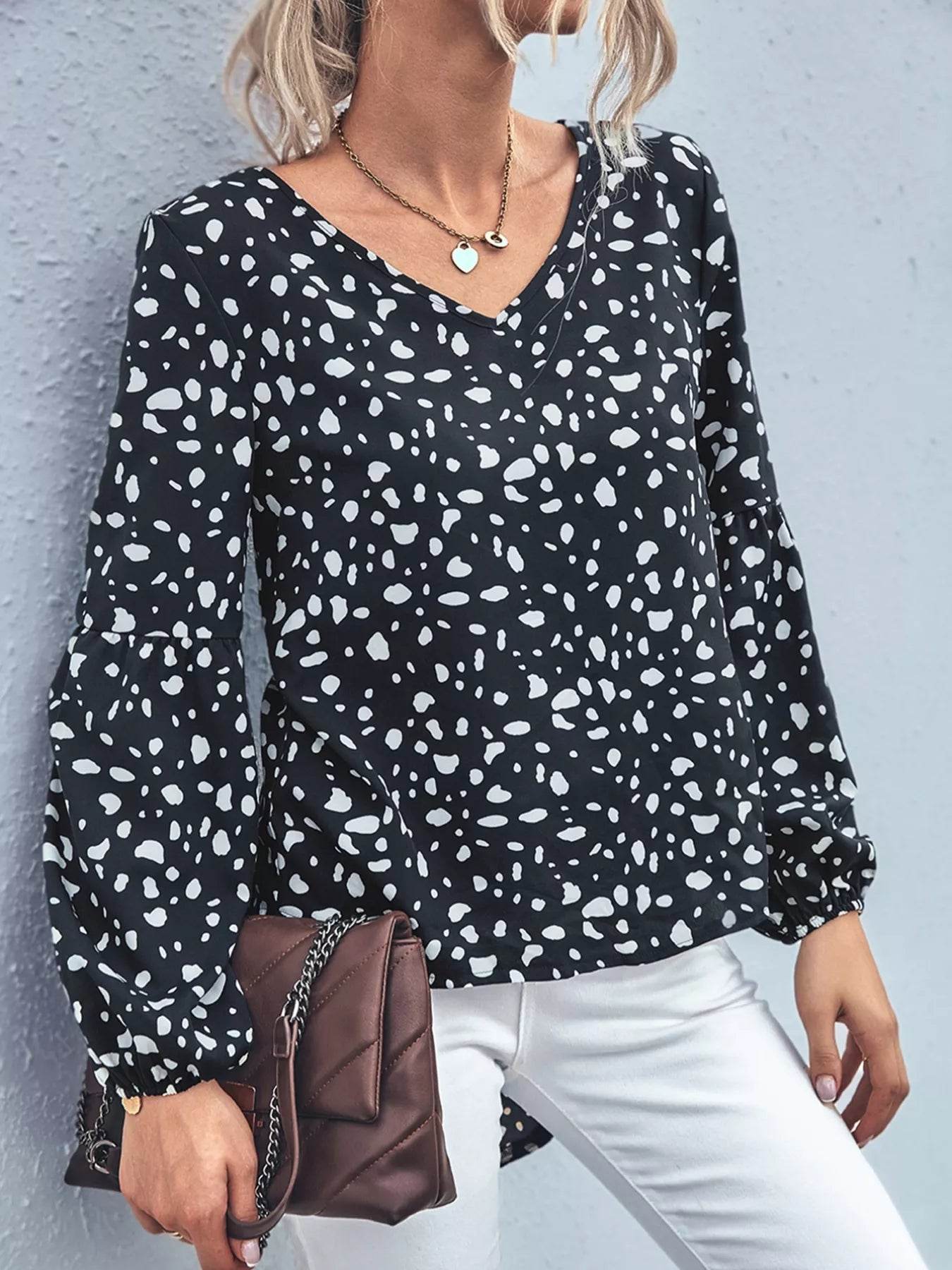 Animal Print V-Neck Blouse - ELY VESSA LLC