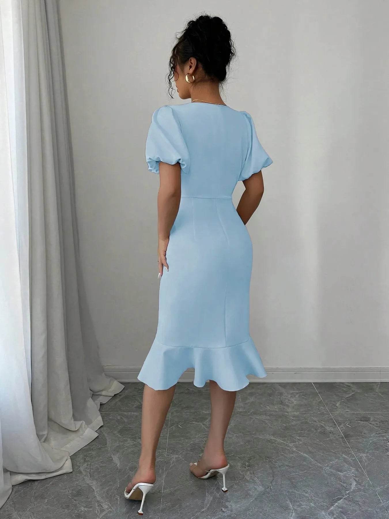 Bow Detail Puff Sleeve Midi Dress - ELY VESSA LLC