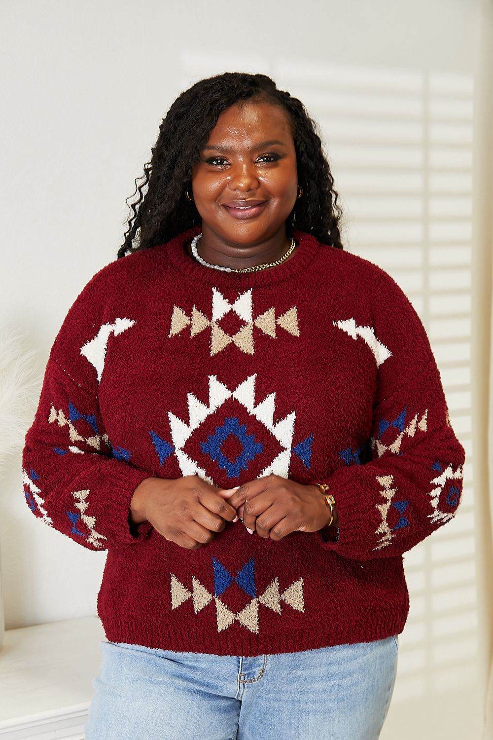 HEYSON Full Size Aztec Soft Fuzzy Sweater - ELY VESSA LLC