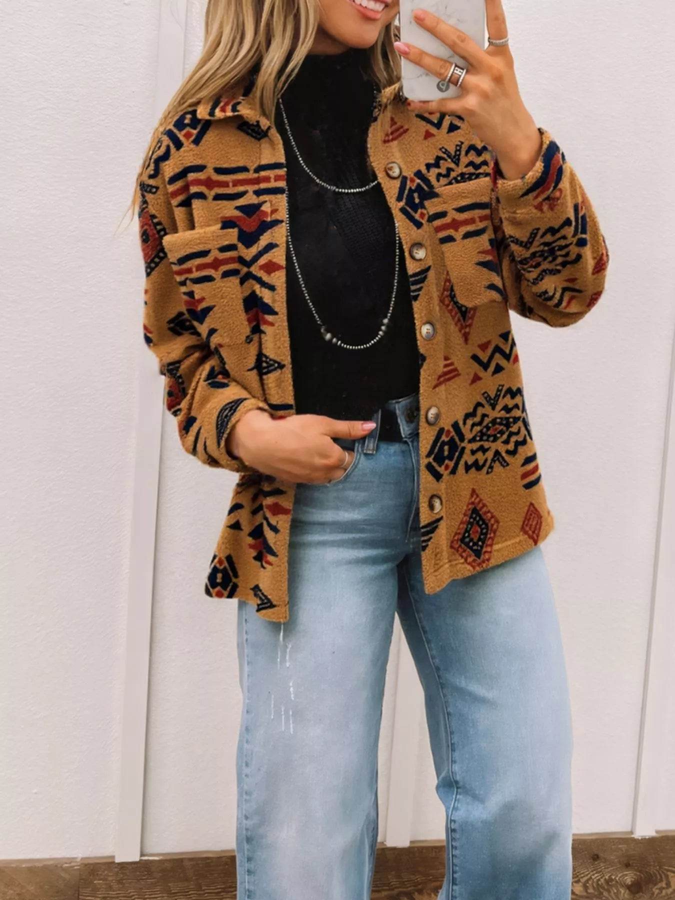 Western Aztec Pattern Fleece Button-Up Shacket - ELY VESSA LLC
