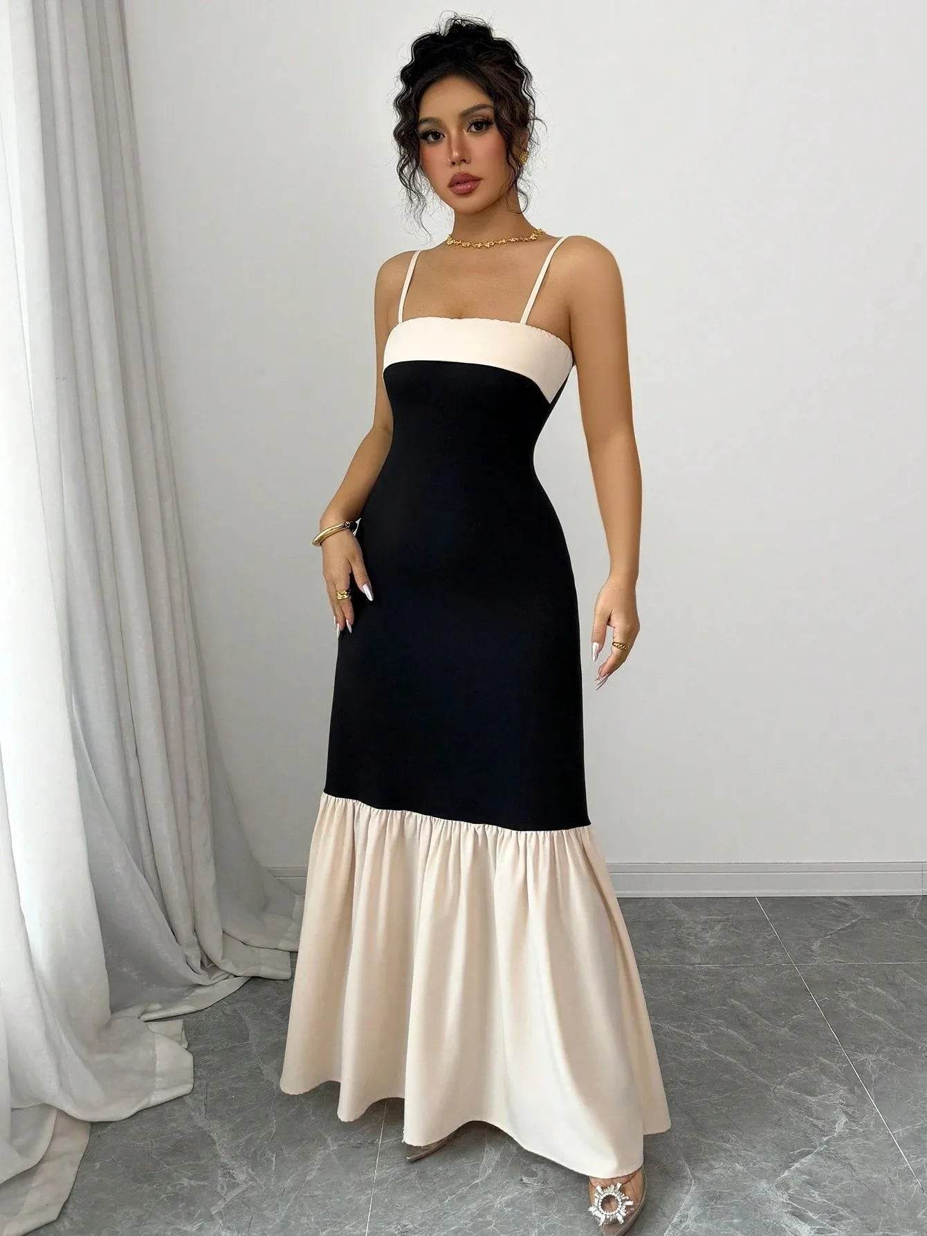 Two-Tone Spaghetti Strap Maxi Dress - ELY VESSA LLC