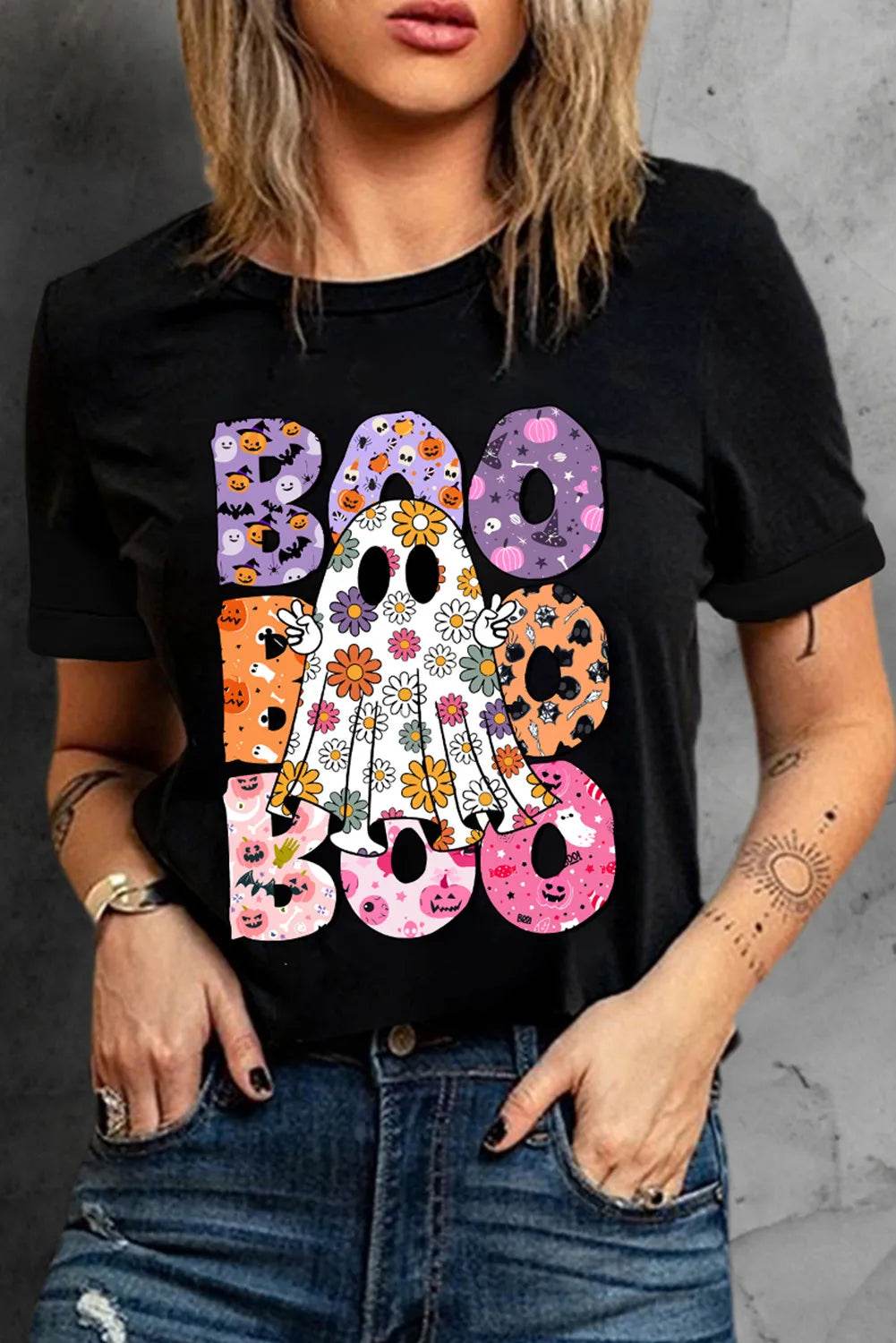 BOO Ghost Graphic Round Neck Short Sleeve T-Shirt - ELY VESSA LLC