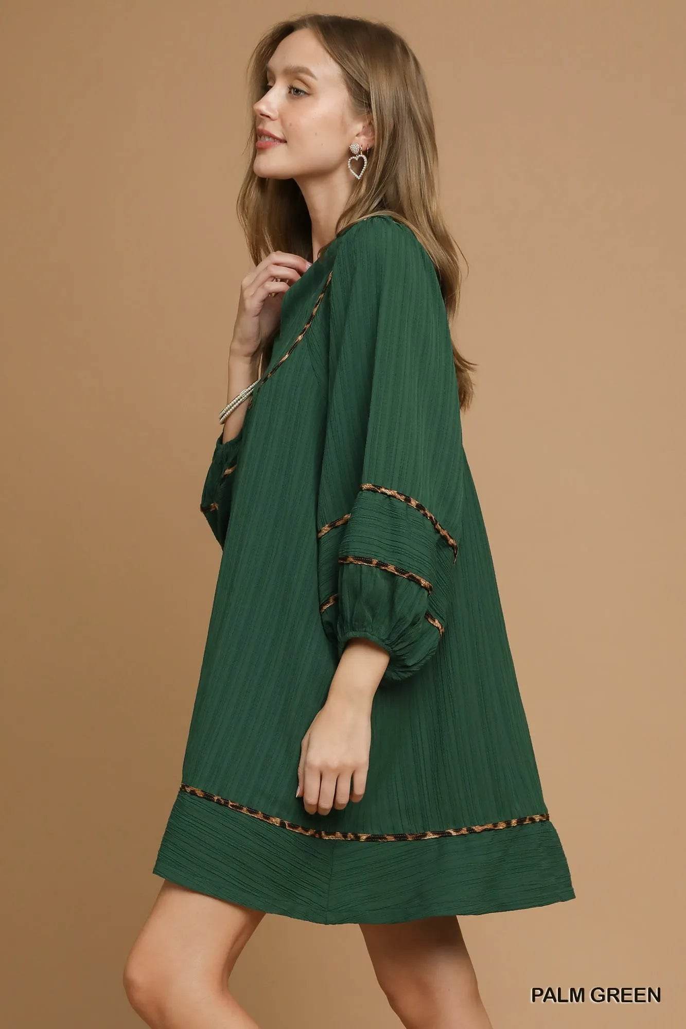 Umgee Textured Babydoll Dress with Leopard Trim - ELY VESSA LLC