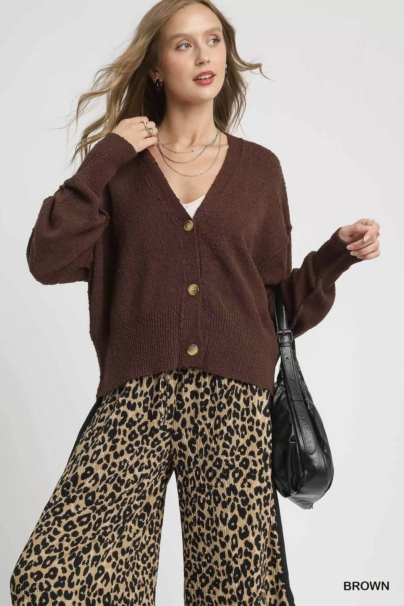 Umgee Button-Front V-Neck Knit Cardigan - ELY VESSA LLC