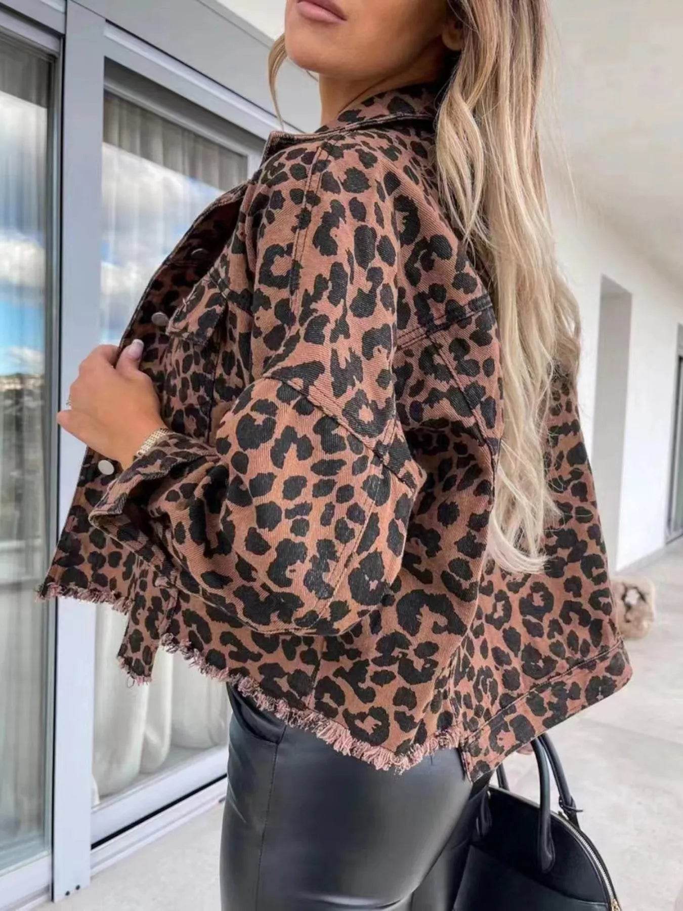 Leopard Print Raw Hem Denim Jacket - ELY VESSA LLC