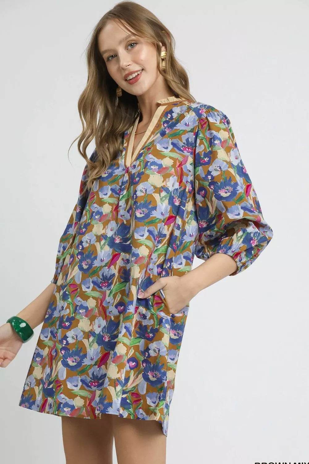 Umgee Boho Floral Balloon Sleeve Mini Dress - ELY VESSA LLC