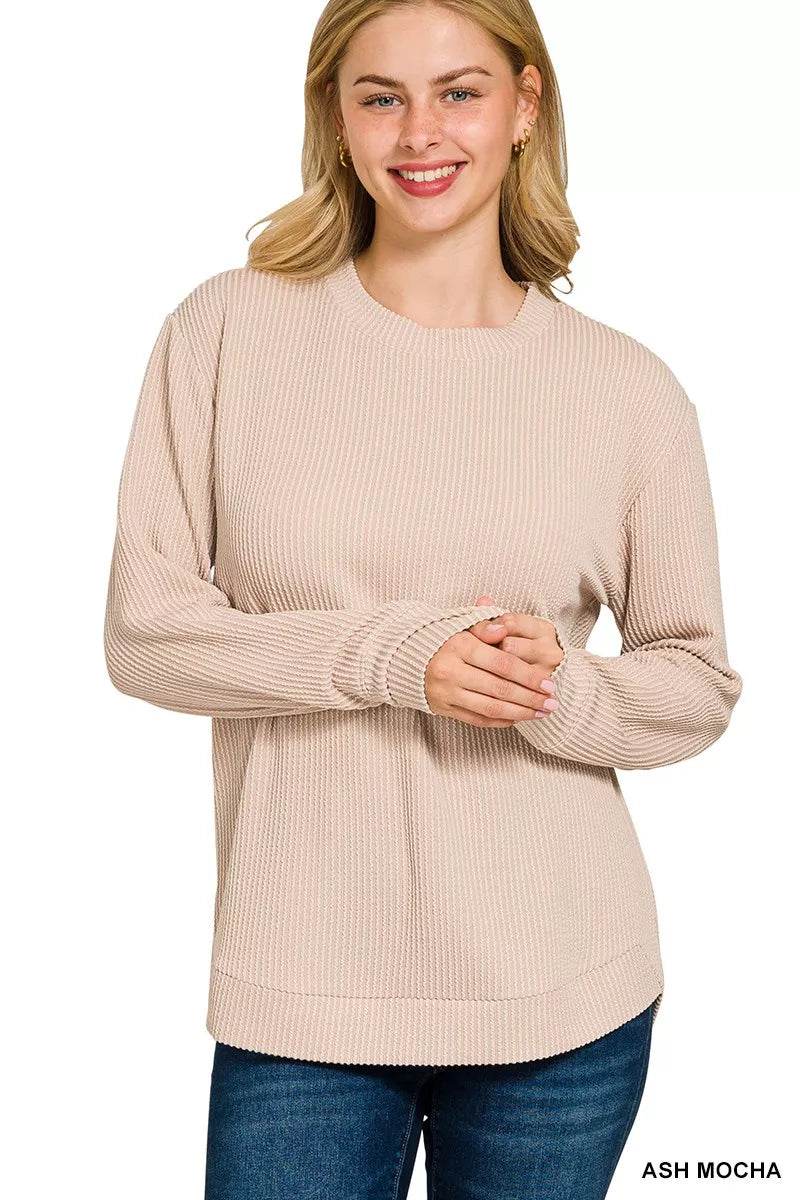 Zenana Full Size Raised Rib Round Neck Long Sleeve Top Plus Size - ELY VESSA LLC