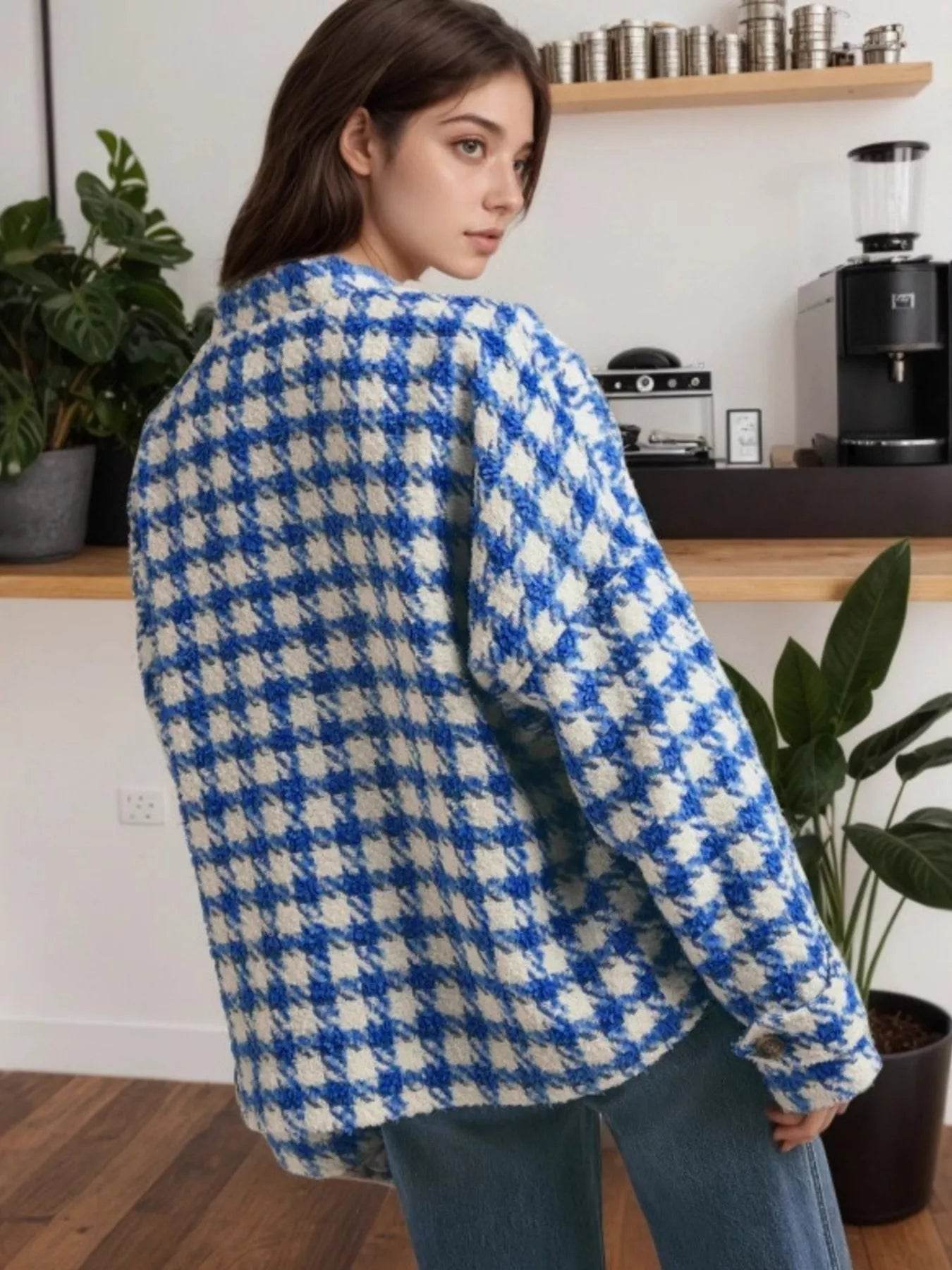Houndstooth Button Up Long Sleeve Jacket - ELY VESSA LLC