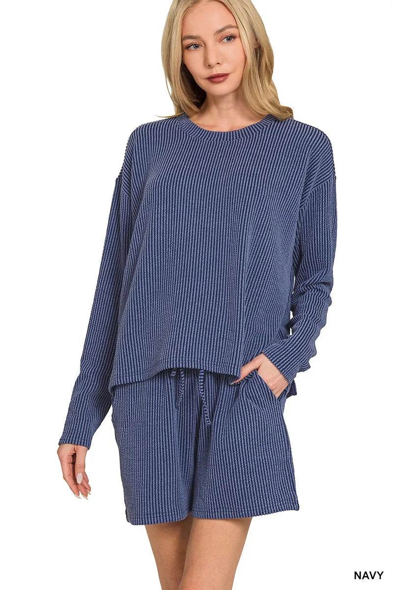 Zenana Corded Rib Long Sleeve Tee and Shorts Set - ELY VESSA LLC