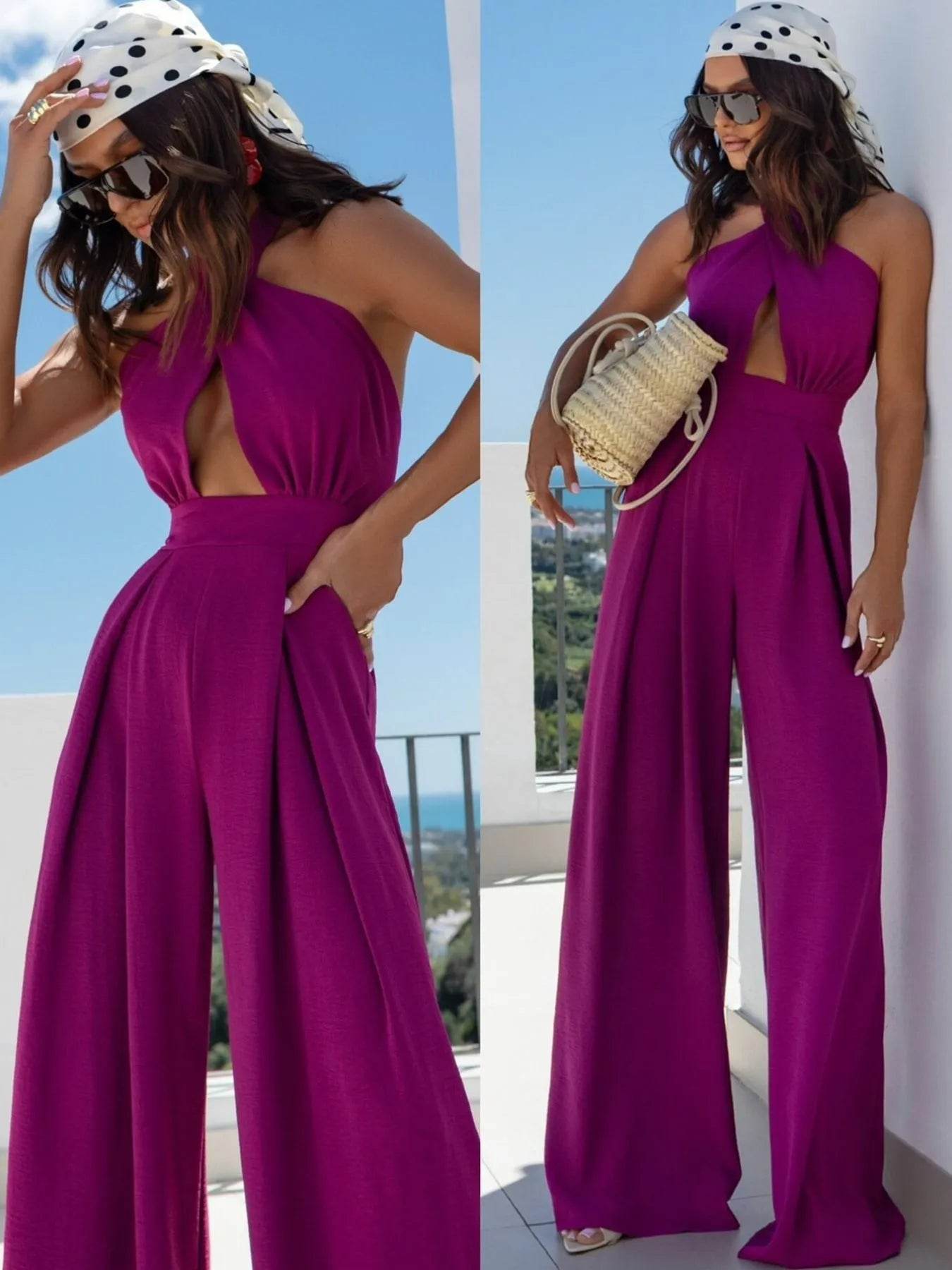 Wide Leg Cutout Halter Neck Jumpsuit - ELY VESSA LLC