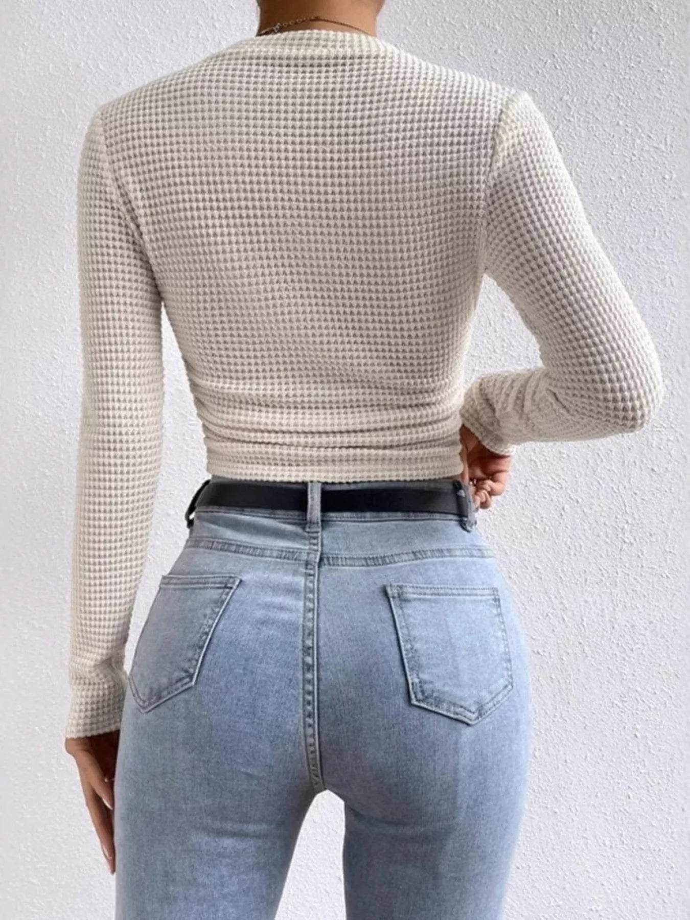 Waffle Knit Long Sleeve T-Shirt - ELY VESSA LLC