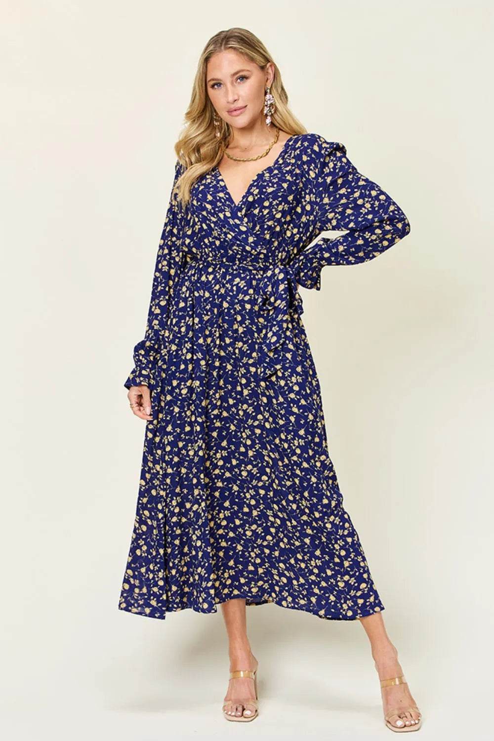 Double Take Full Size Tie Back Flounce Sleeve Dress - ELY VESSA LLC