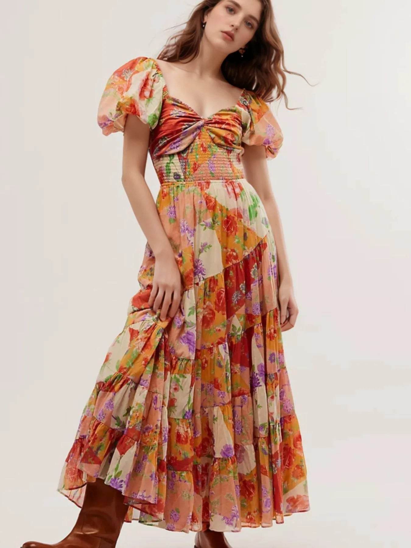 Printed Sweetheart Neck Puff Sleeve Maxi Dress - ELY VESSA LLC