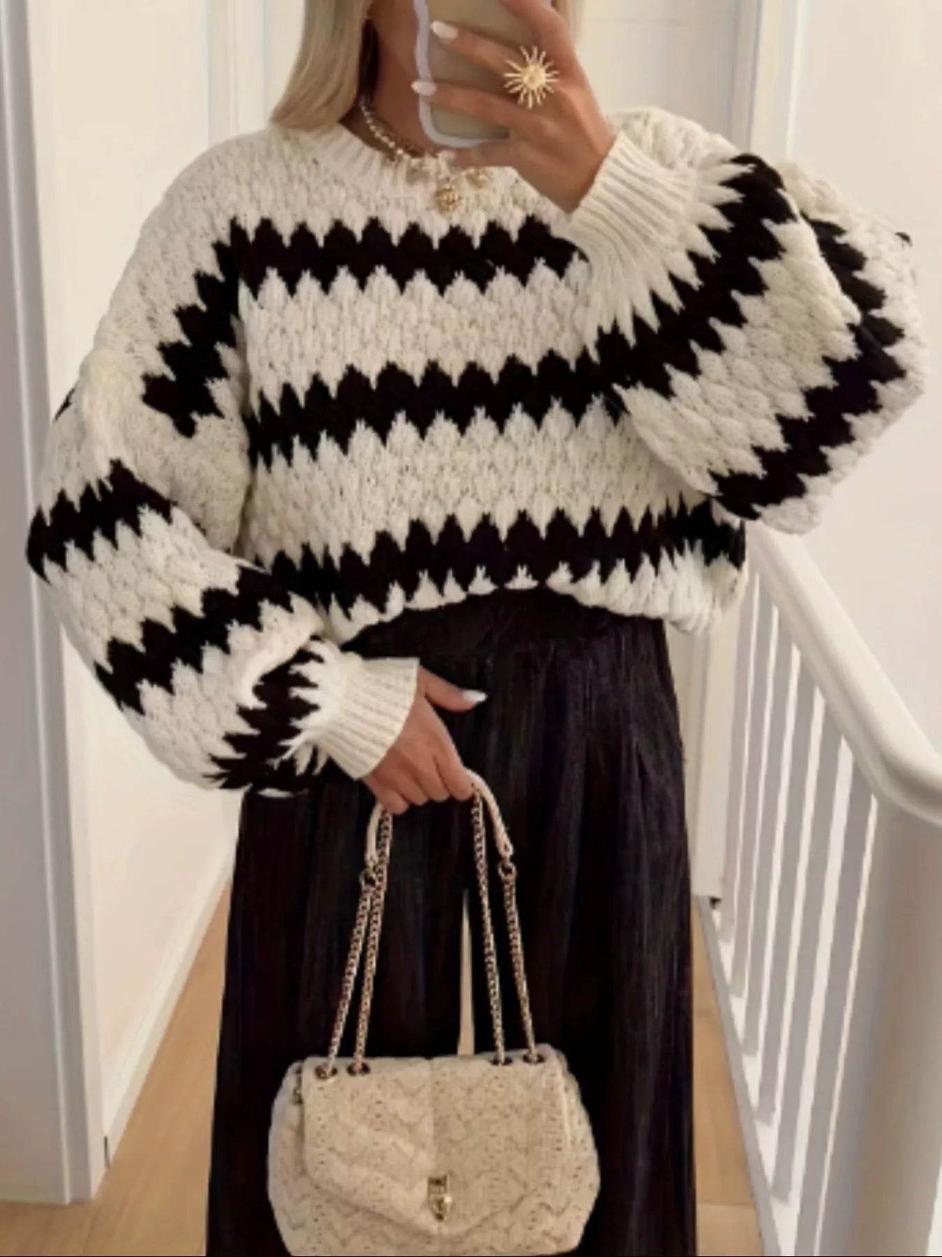 Striped Round Neck Dropped Shoulder Sweater - ELY VESSA LLC