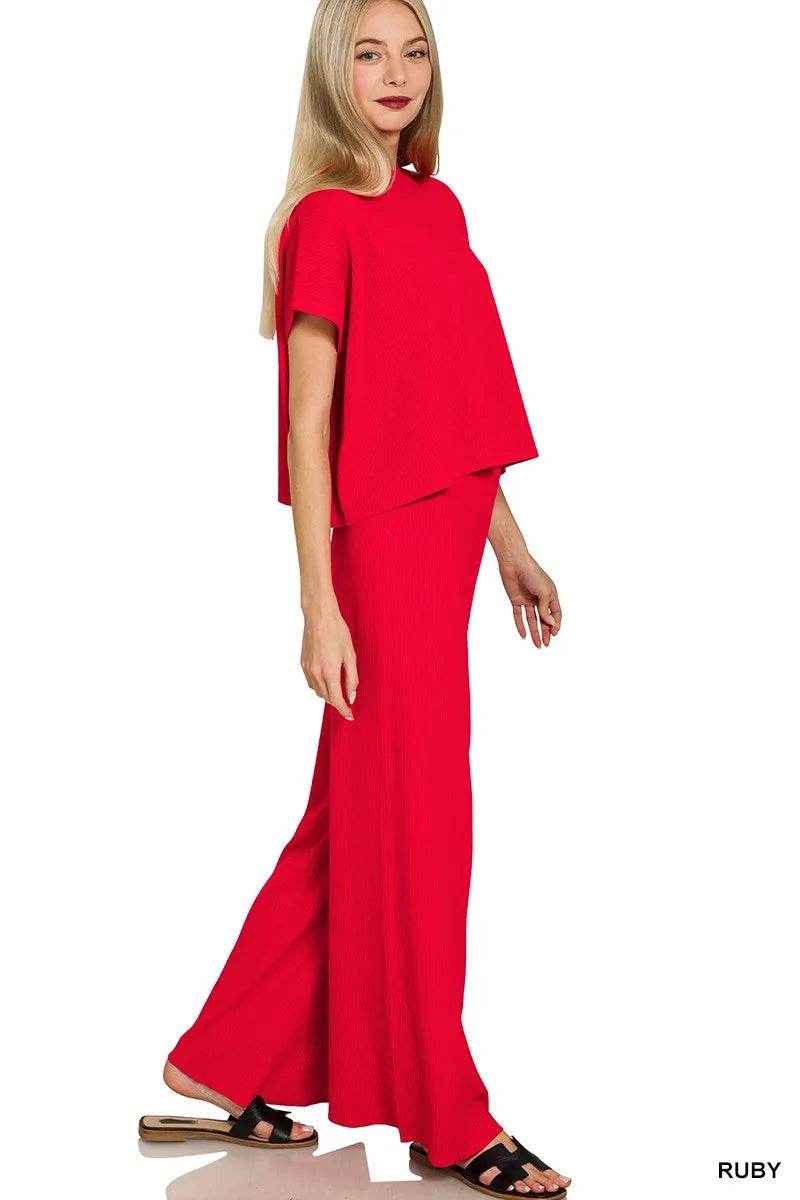 Zenana Viscose Sweater Short Sleeve Top and Pants Set - ELY VESSA LLC