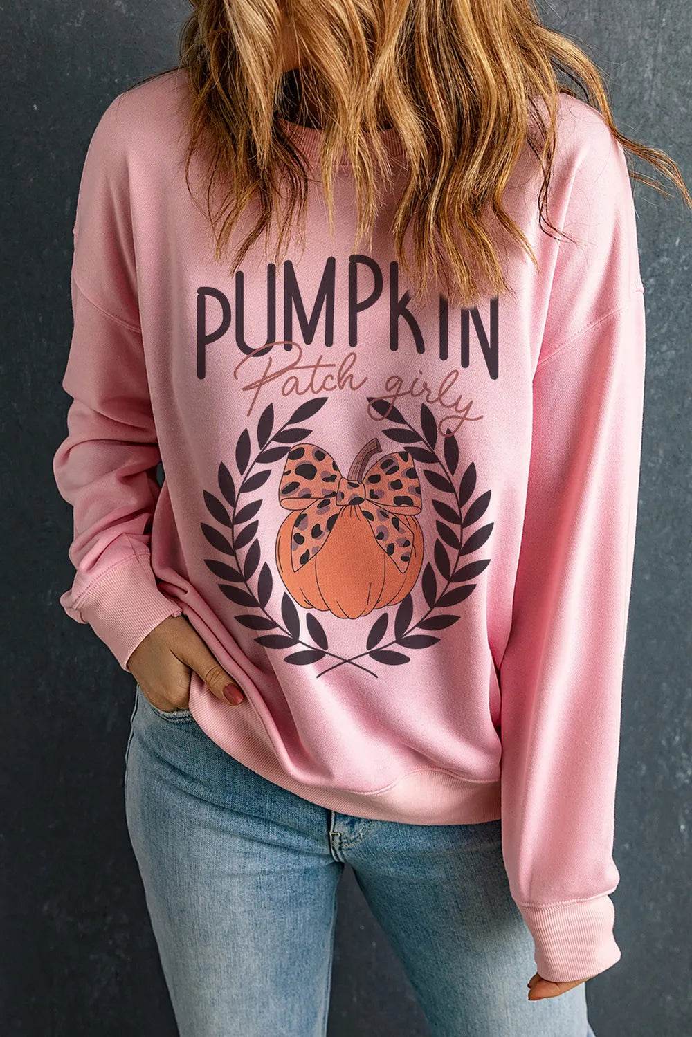 Pumpkin Round Neck Long Sleeve Sweatshirt - ELY VESSA LLC
