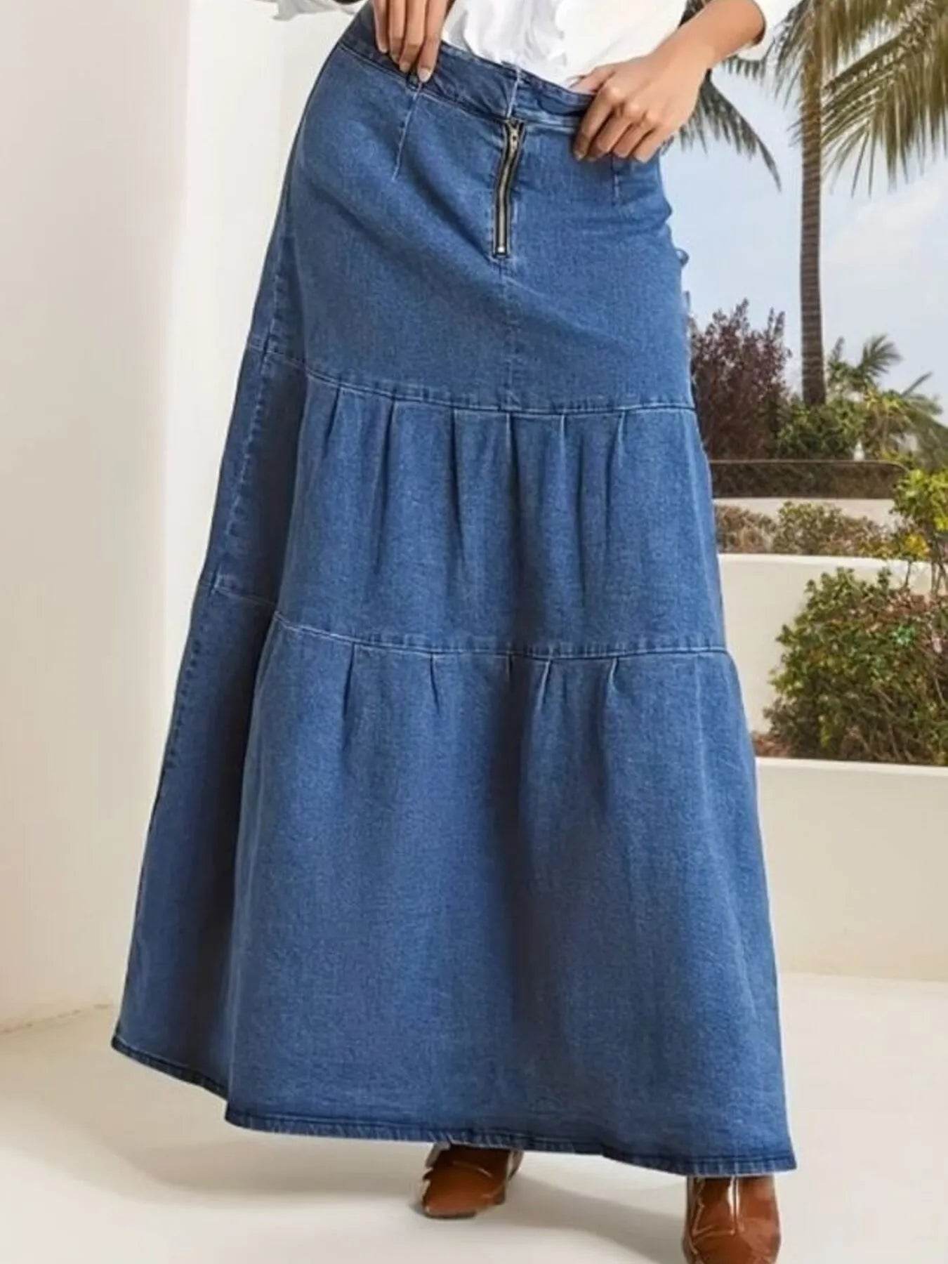 Tiered Maxi Denim Skirt with Zipper Detail - ELY VESSA LLC