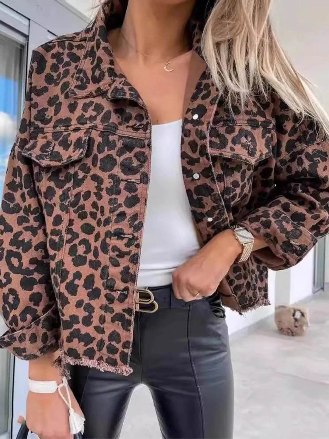 Leopard Print Raw Hem Denim Jacket - ELY VESSA LLC
