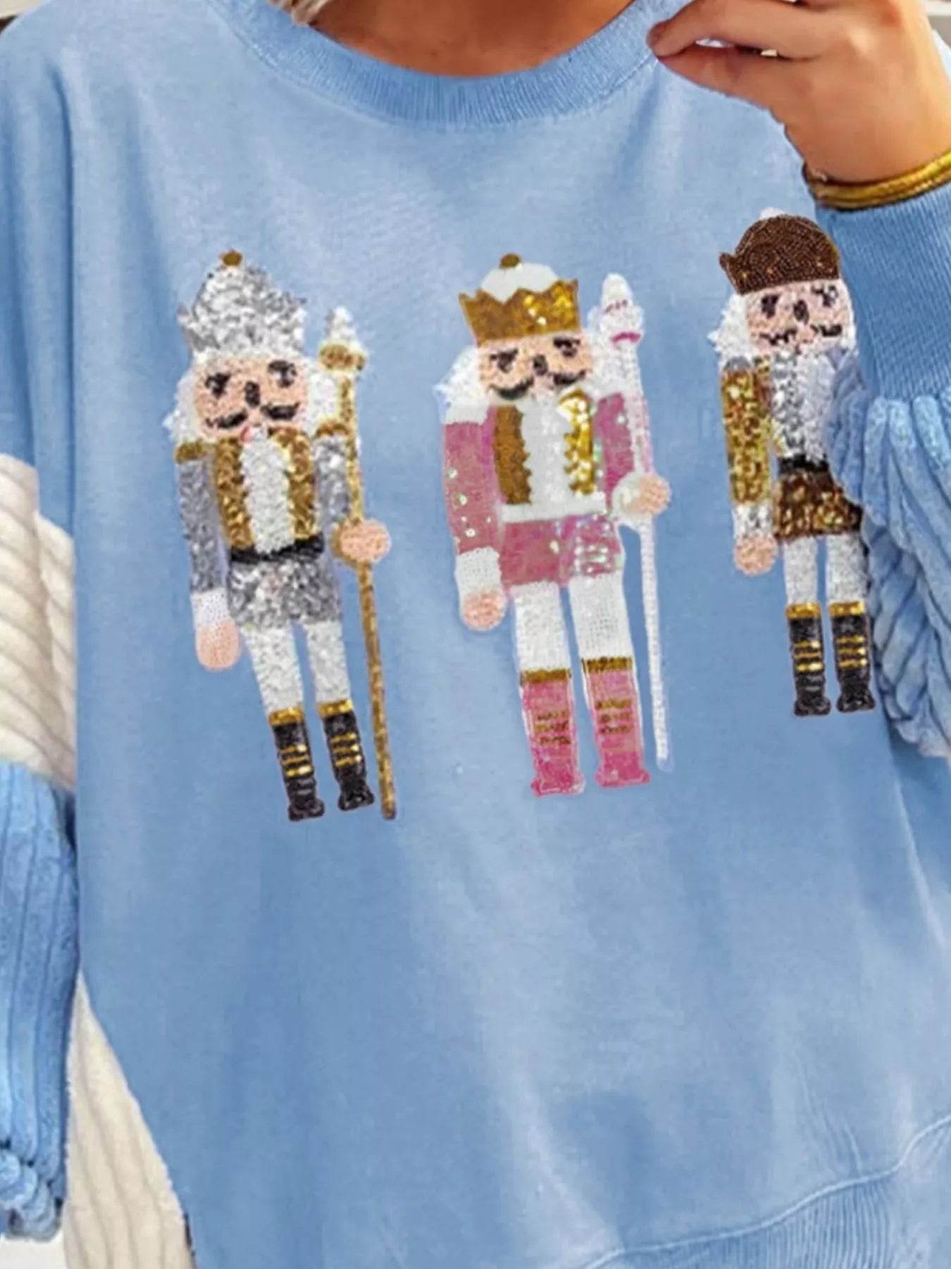 Christmas Sequin Nutcracker Textured Sleeve Patchwork Color Block Sweatshirt - ELY VESSA LLC