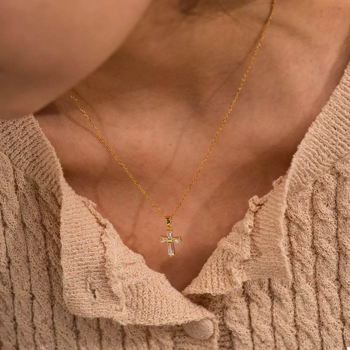 18K Gold-Plated Stainless Steel Zircon Cross Necklace - ELY VESSA LLC