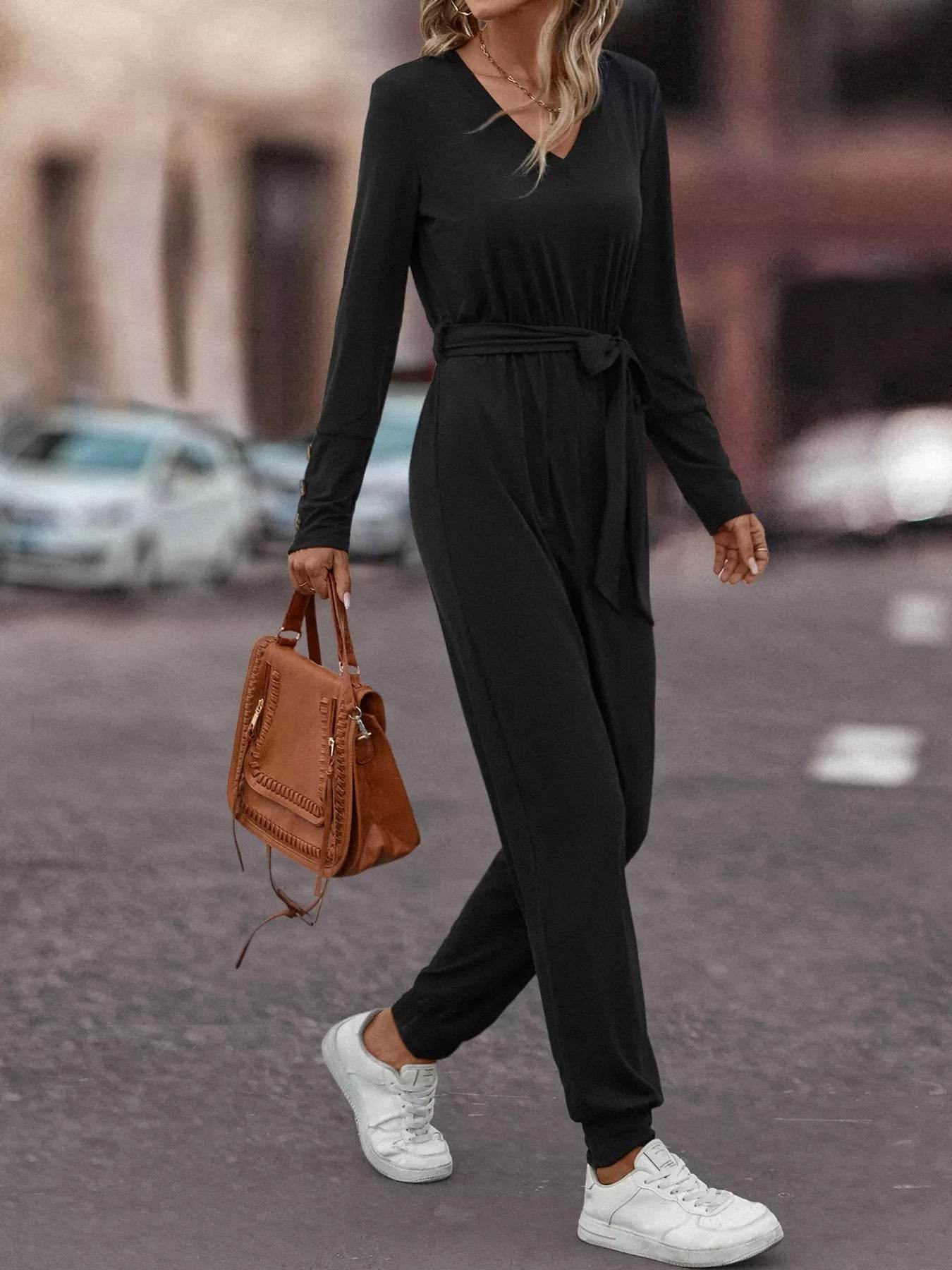 V-Neck Long Sleeve Tie Waist Jumpsuit - ELY VESSA LLC