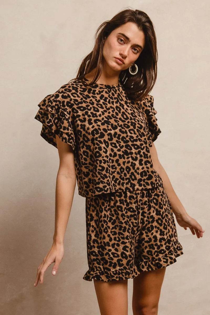 BiBi Leopard Print Waffle Texture Layered Ruffle Sleeve Top and Shorts Set - ELY VESSA LLC