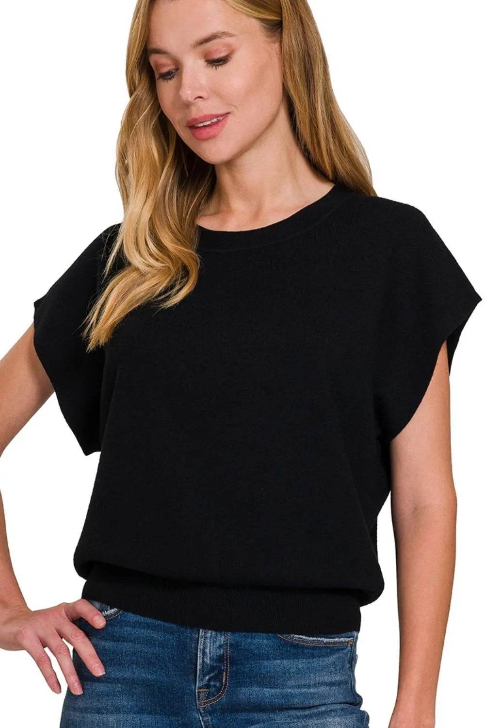 Zenana Round Neck Short Dolman Sleeve Sweater - ELY VESSA LLC