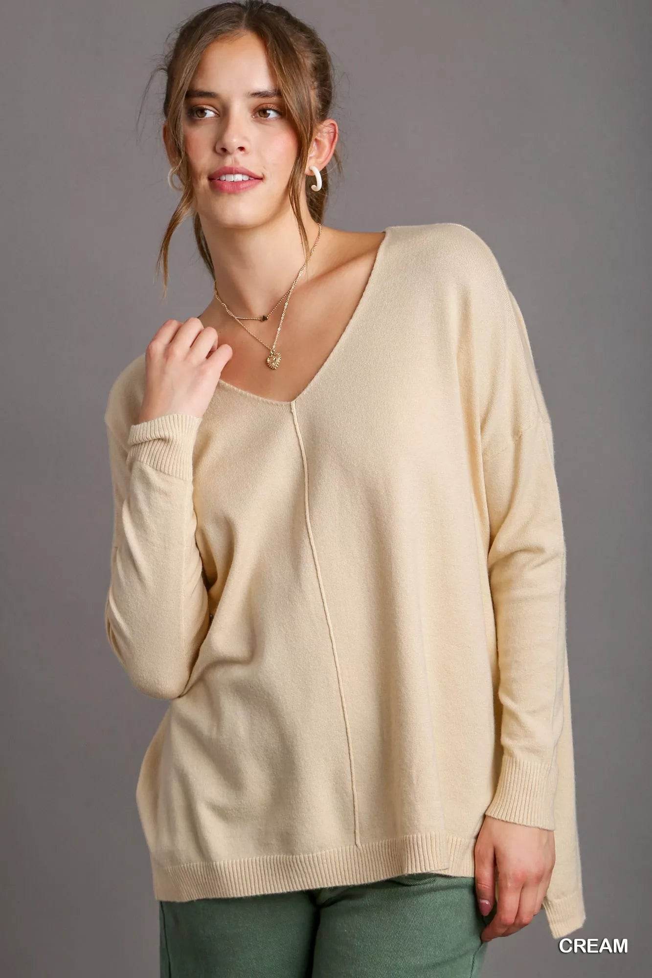 Umgee V-Neck High Low Hem Knit Top with Side Slit - ELY VESSA LLC