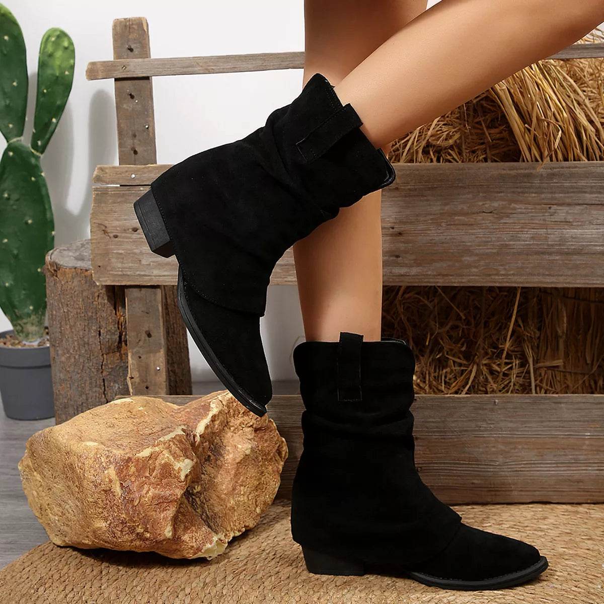 Point Toe Block Heels Boots - ELY VESSA LLC