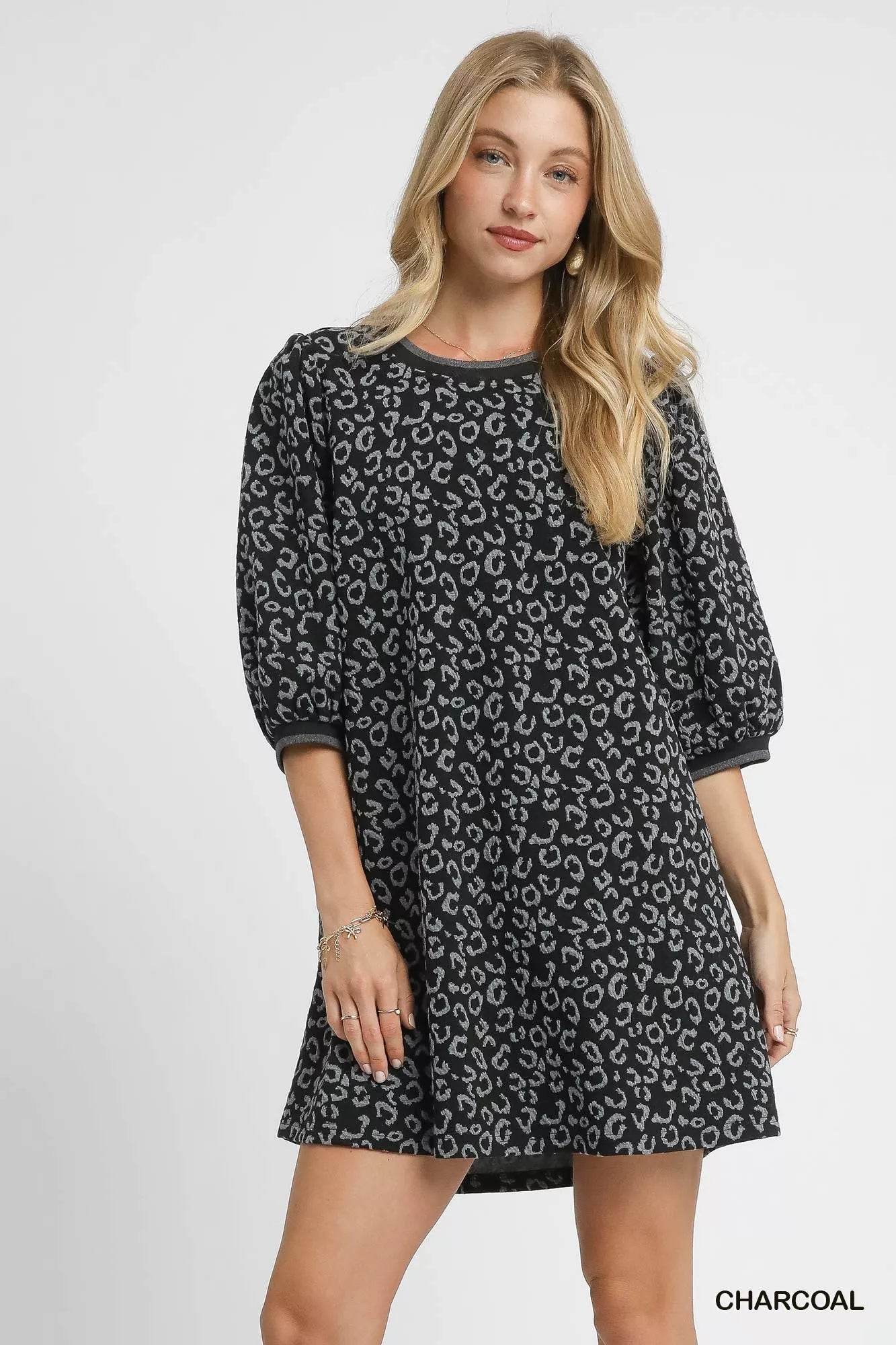 Umgee Leopard Print Jacquard Mini Dress - ELY VESSA LLC