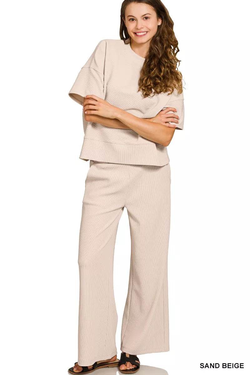 Zenana Ribbed Round Neck Tee & Pants Set - ELY VESSA LLC