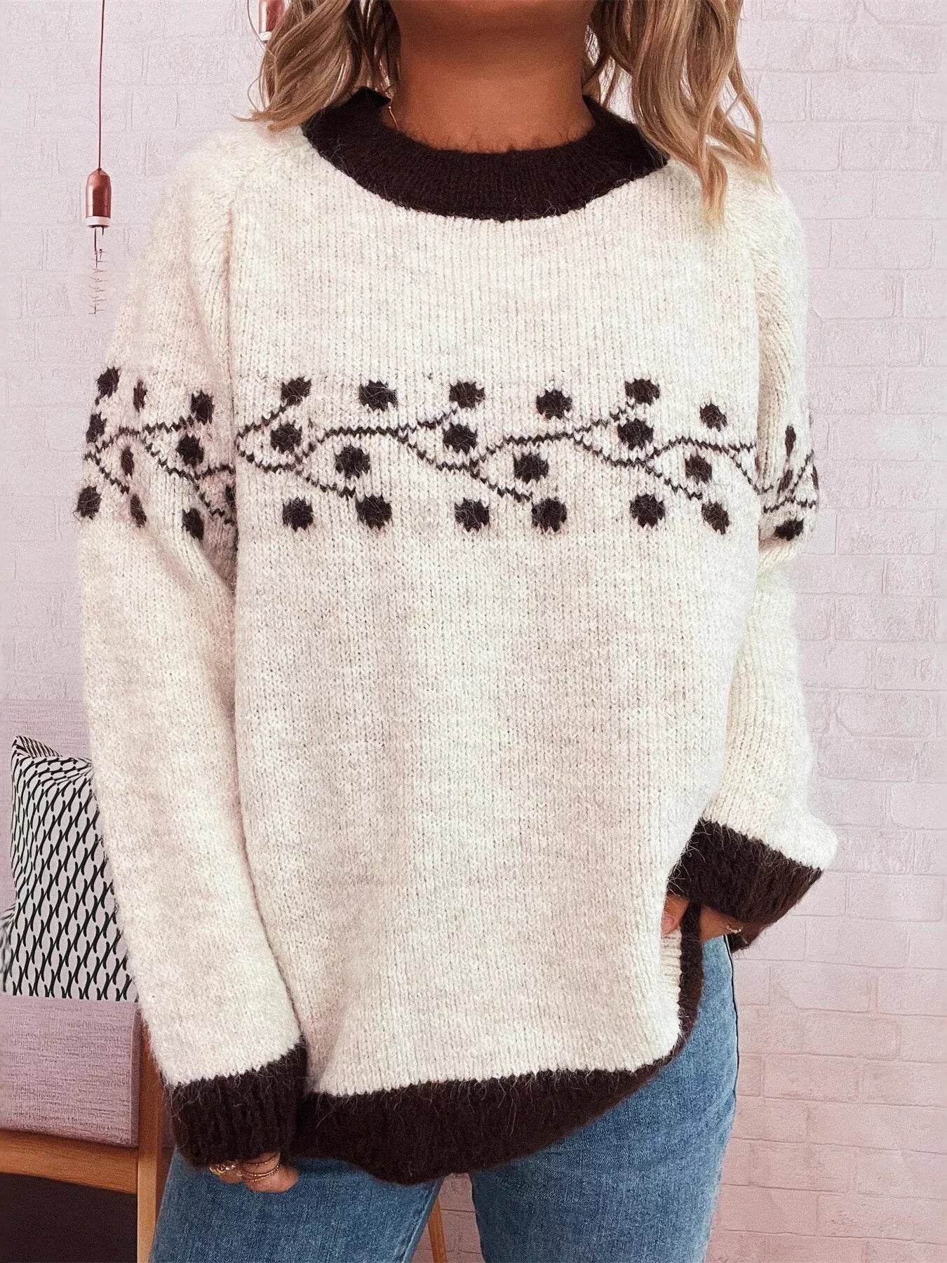 Contrast Hem Round Neck Sweater - ELY VESSA LLC