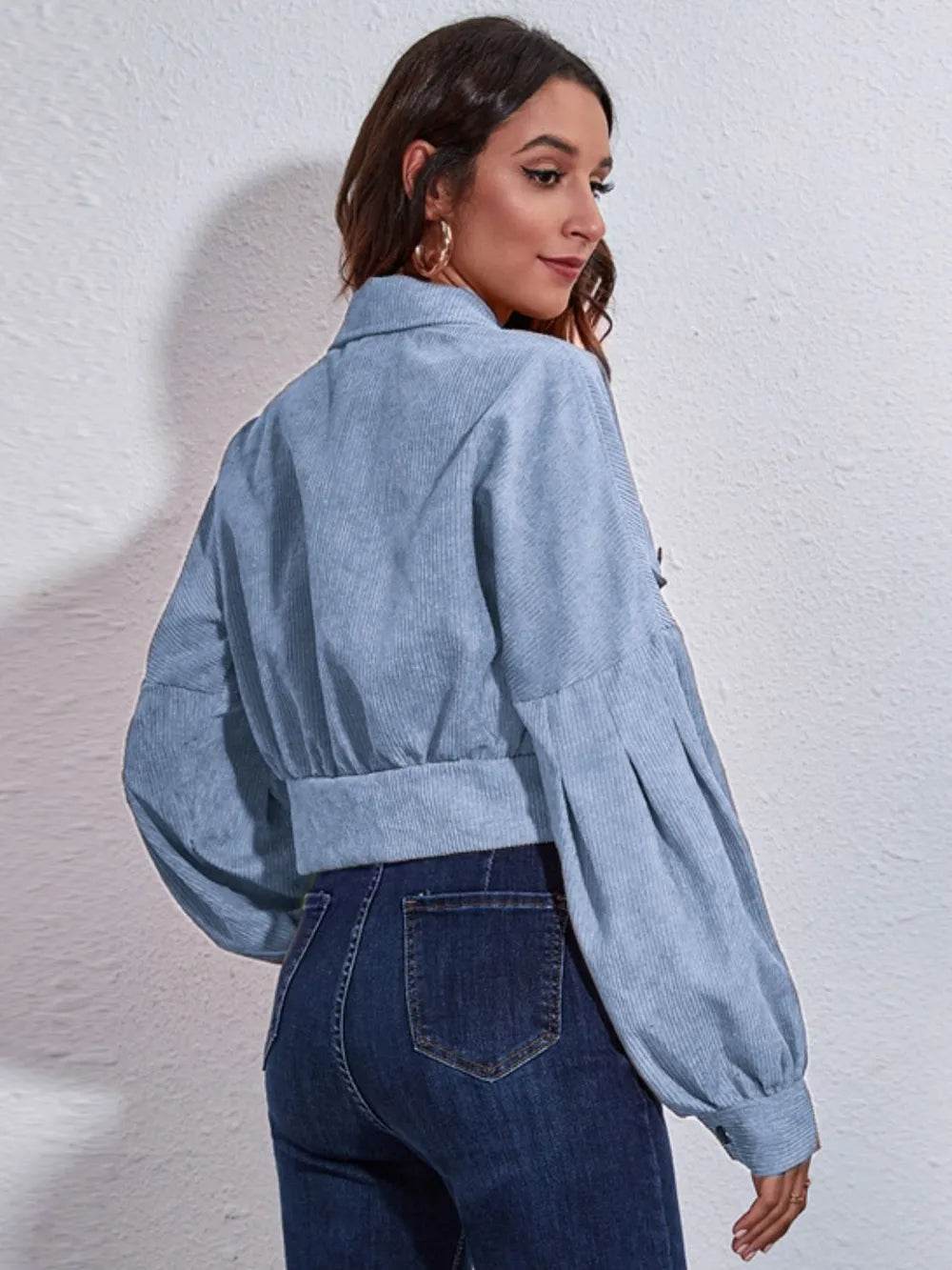 Button Down Collared Neck Cropped Jacket - ELY VESSA LLC