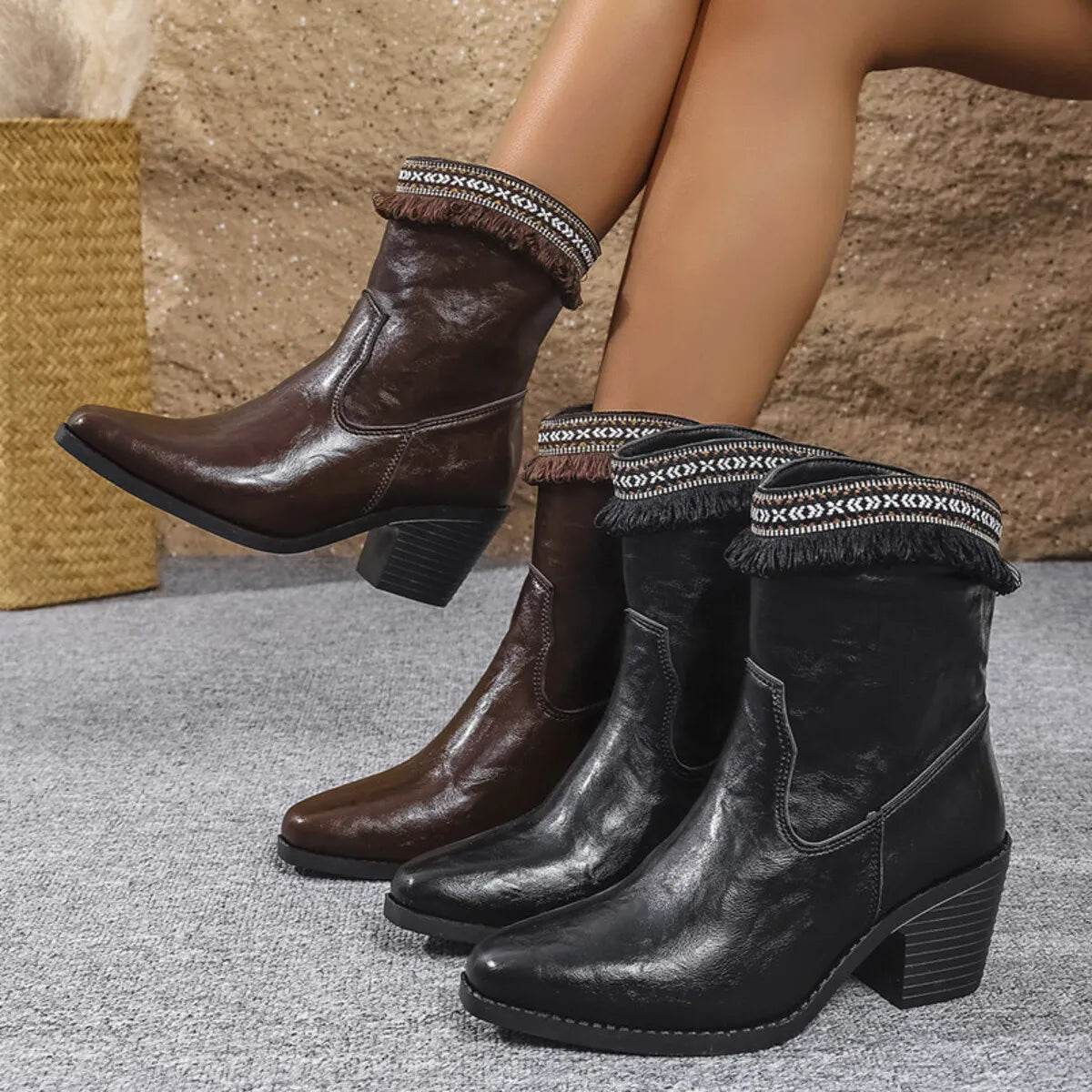 Western Embroidered Trim Boots with Block Heel - ELY VESSA LLC