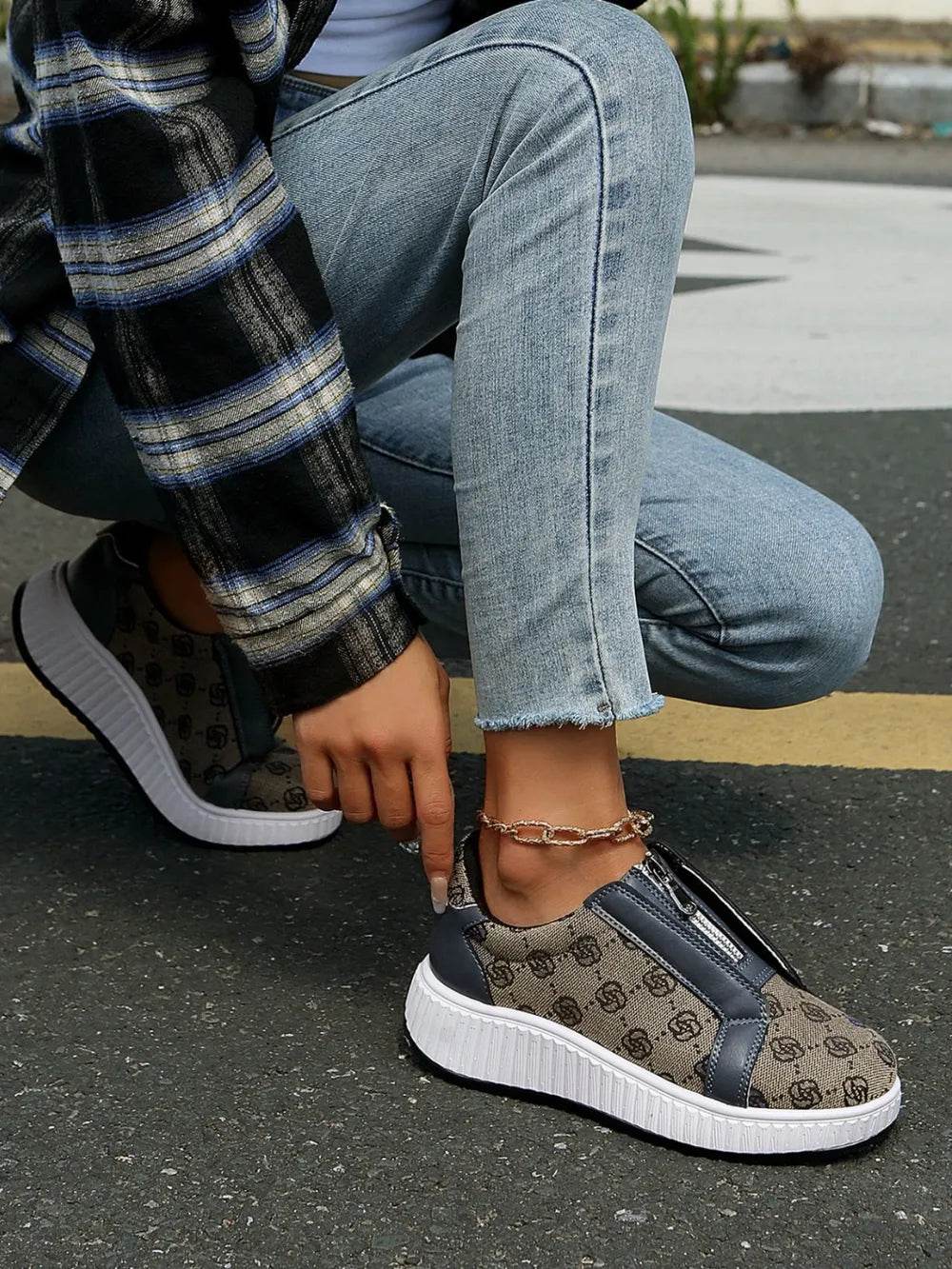 Floral Round Toe Sneakers with Zip - ELY VESSA LLC