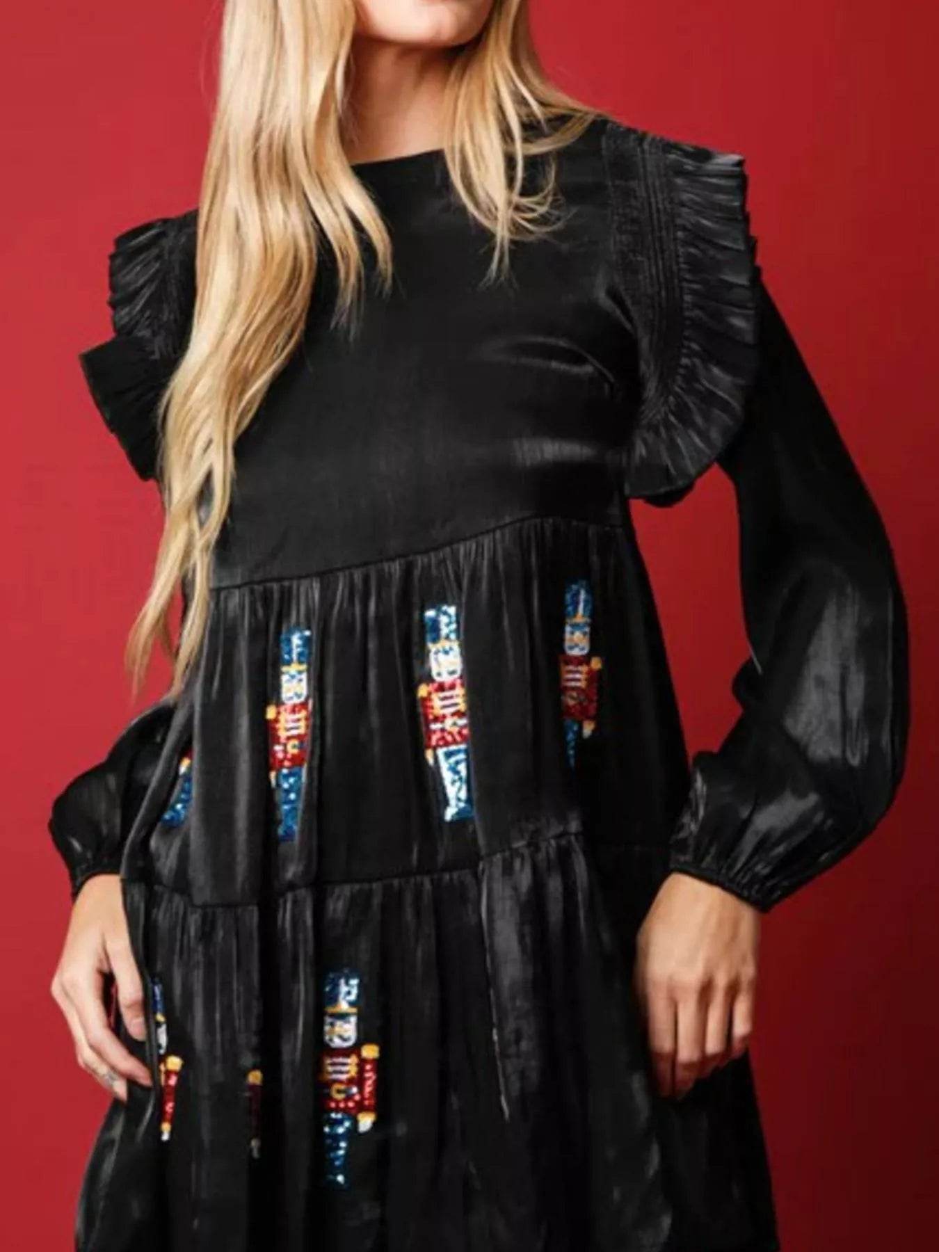 Christmas Ruffled Nutcracker Long Sleeve Dress - ELY VESSA LLC