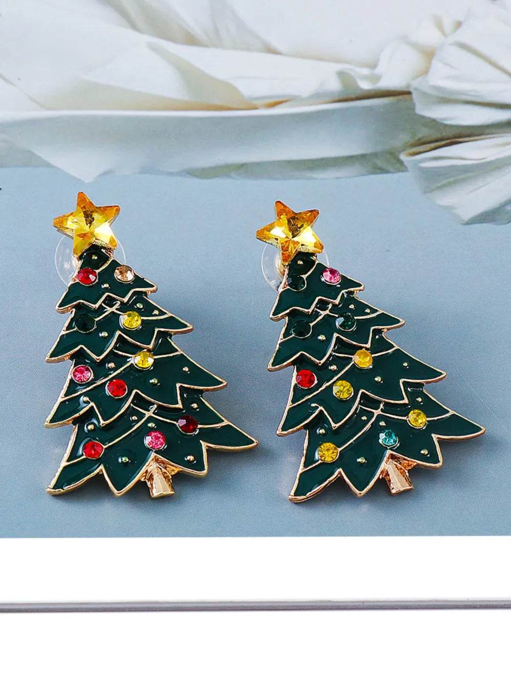 Alloy Inlaid Rhinestone Christmas Tree Earrings - ELY VESSA LLC